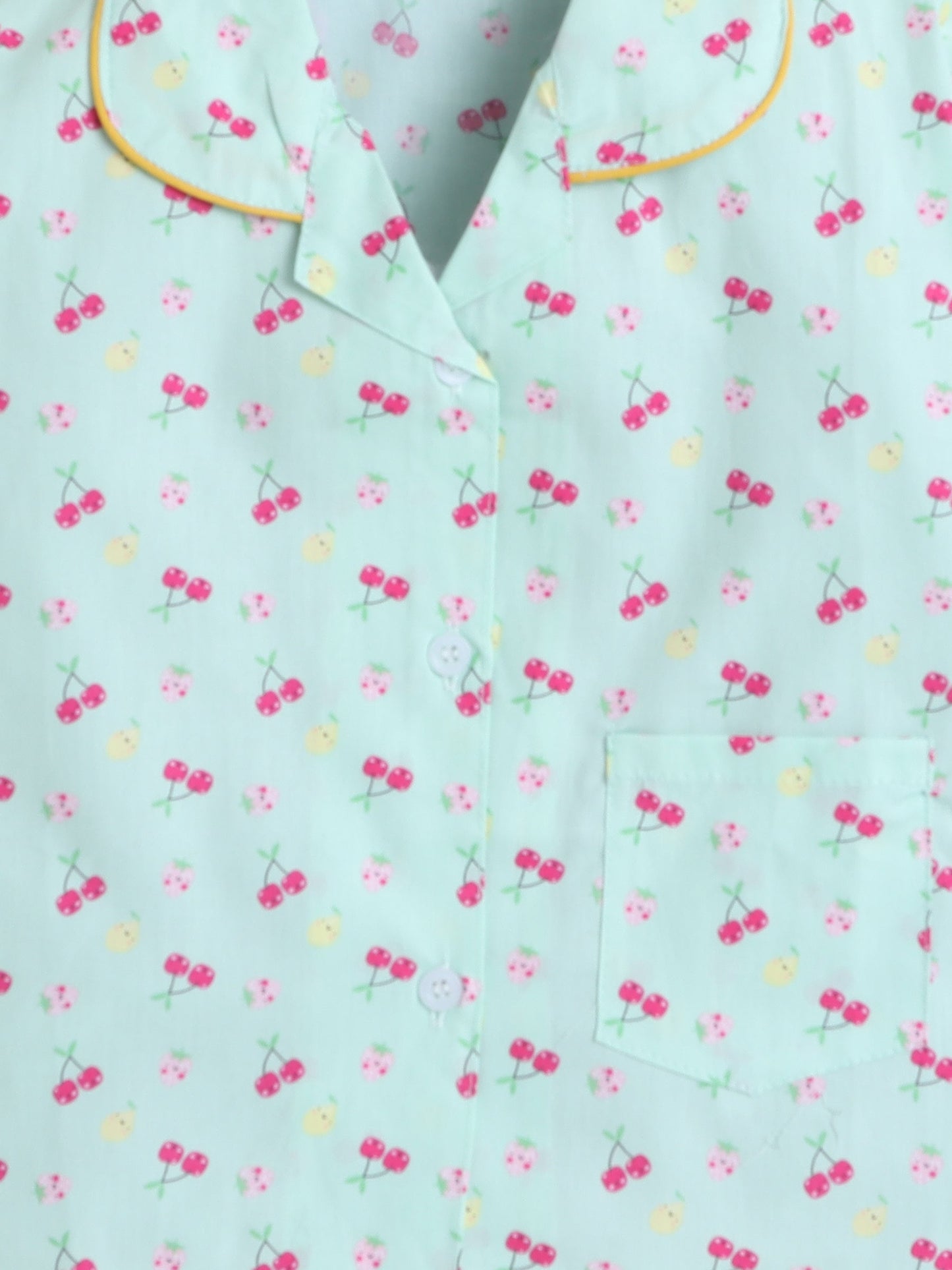 Cotton Woven Half Sleeves Fruits Printed Coordinating Night Suit Set - Green