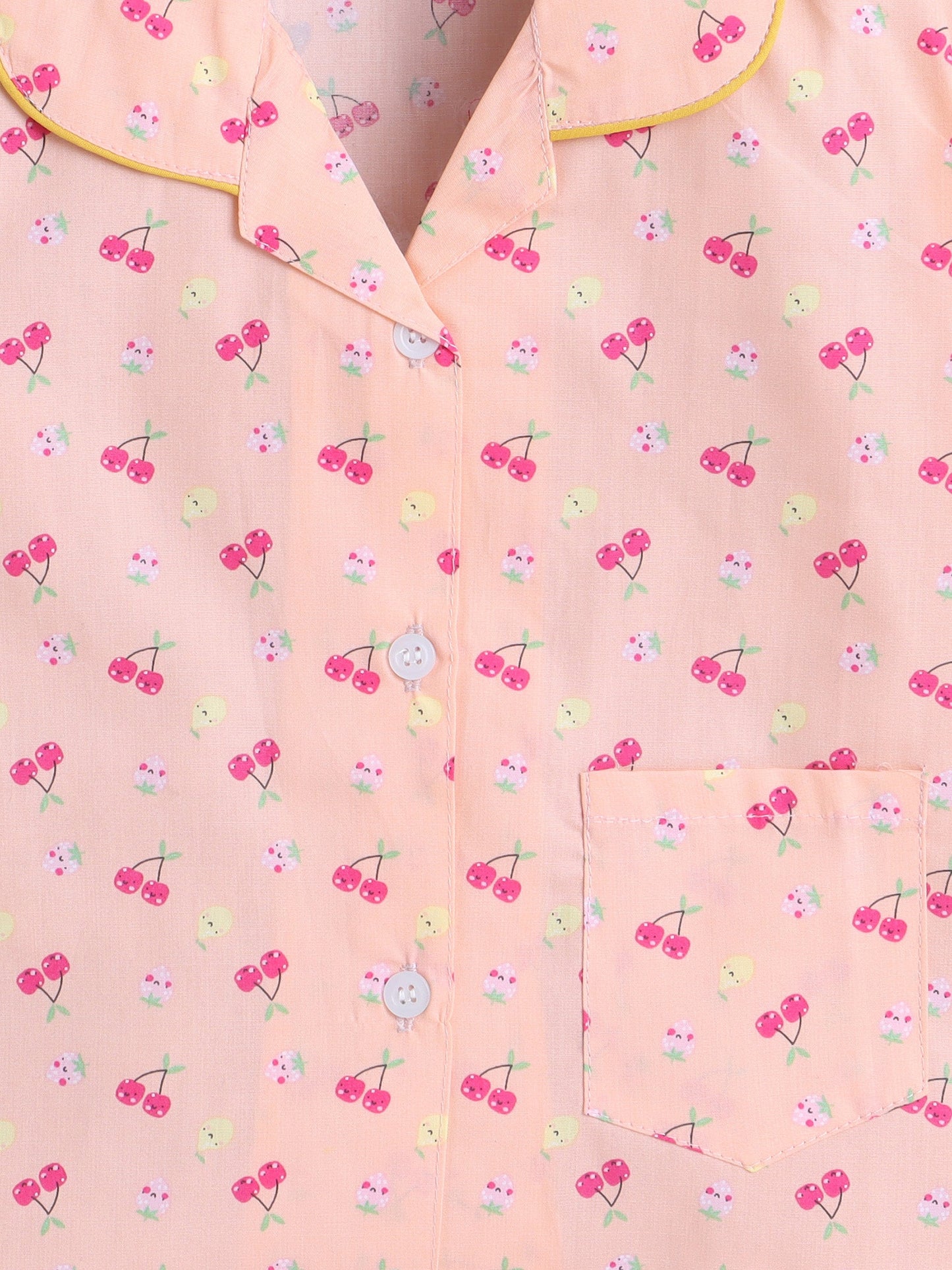 Cotton Woven Half Sleeves Fruits Printed Coordinating Night Suit Set - Peach