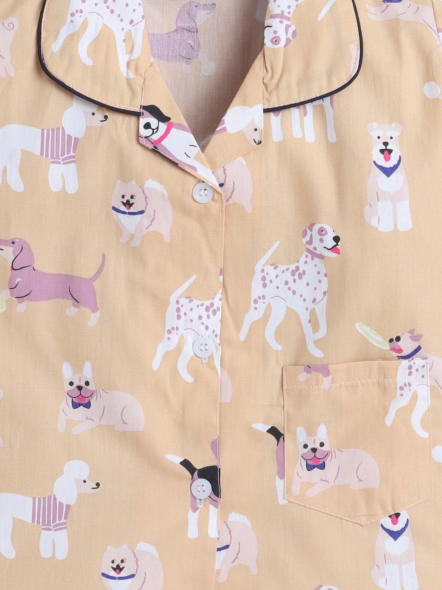 Cotton Woven Half Sleeves Dogs Printed Coordinating Night Suit Set - Beige