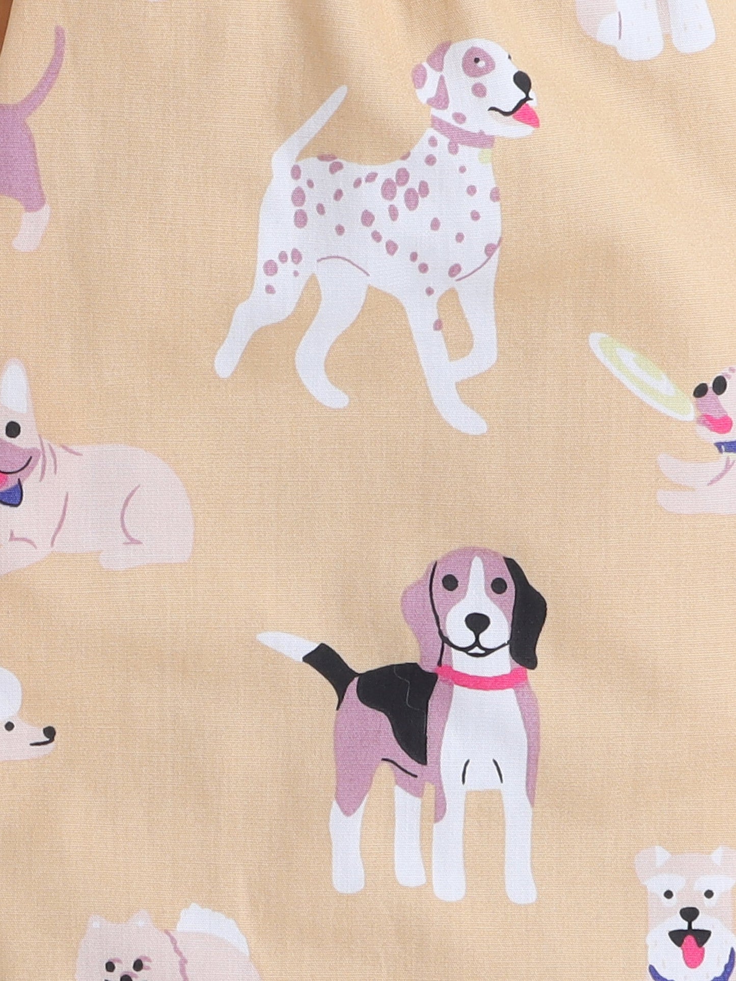 Cotton Woven Half Sleeves Dogs Printed Coordinating Night Suit Set - Beige