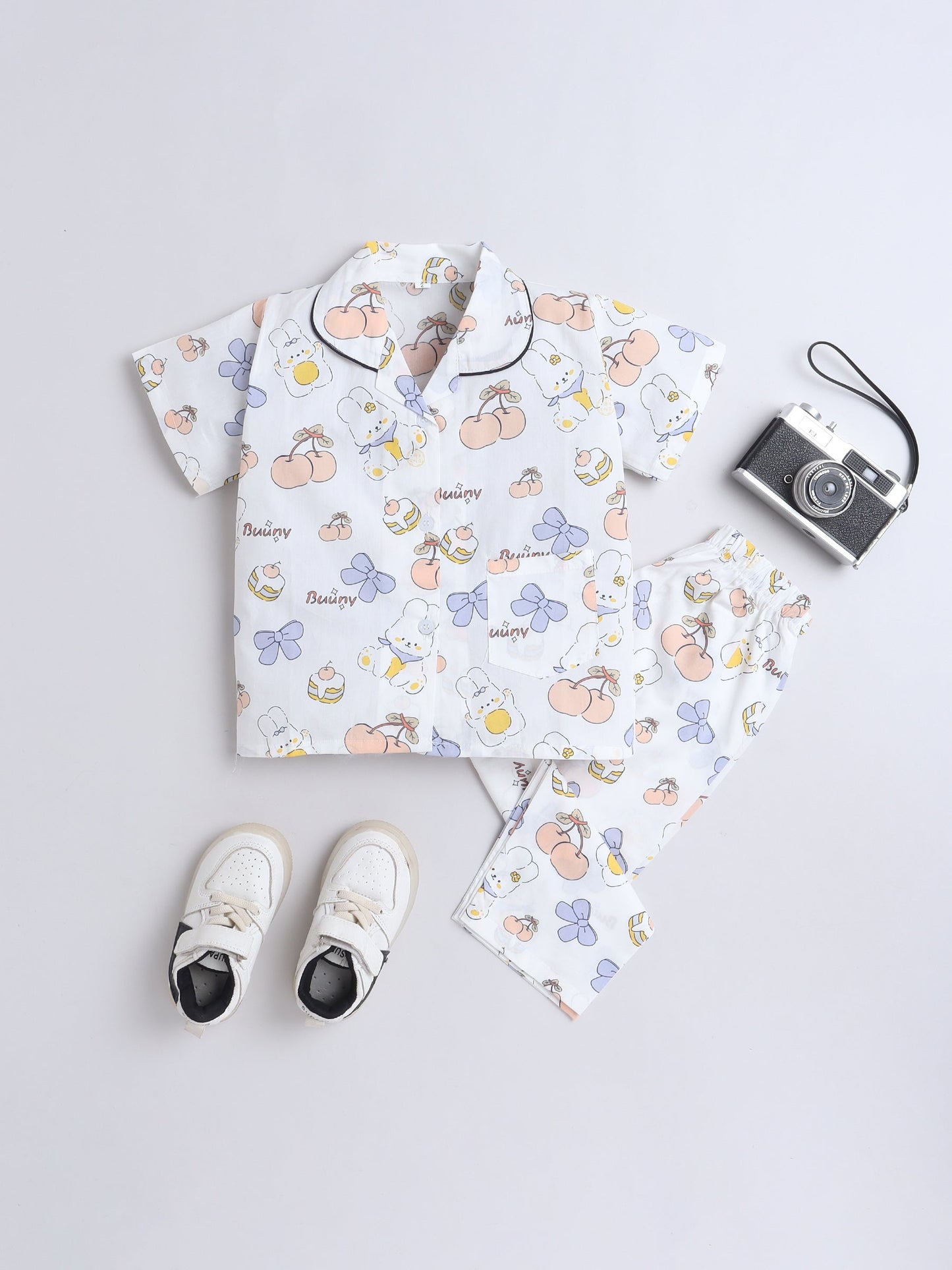 Cotton Woven Half Sleeves Bunny & Bow Printed Coordinating Night Suit Set - Peach