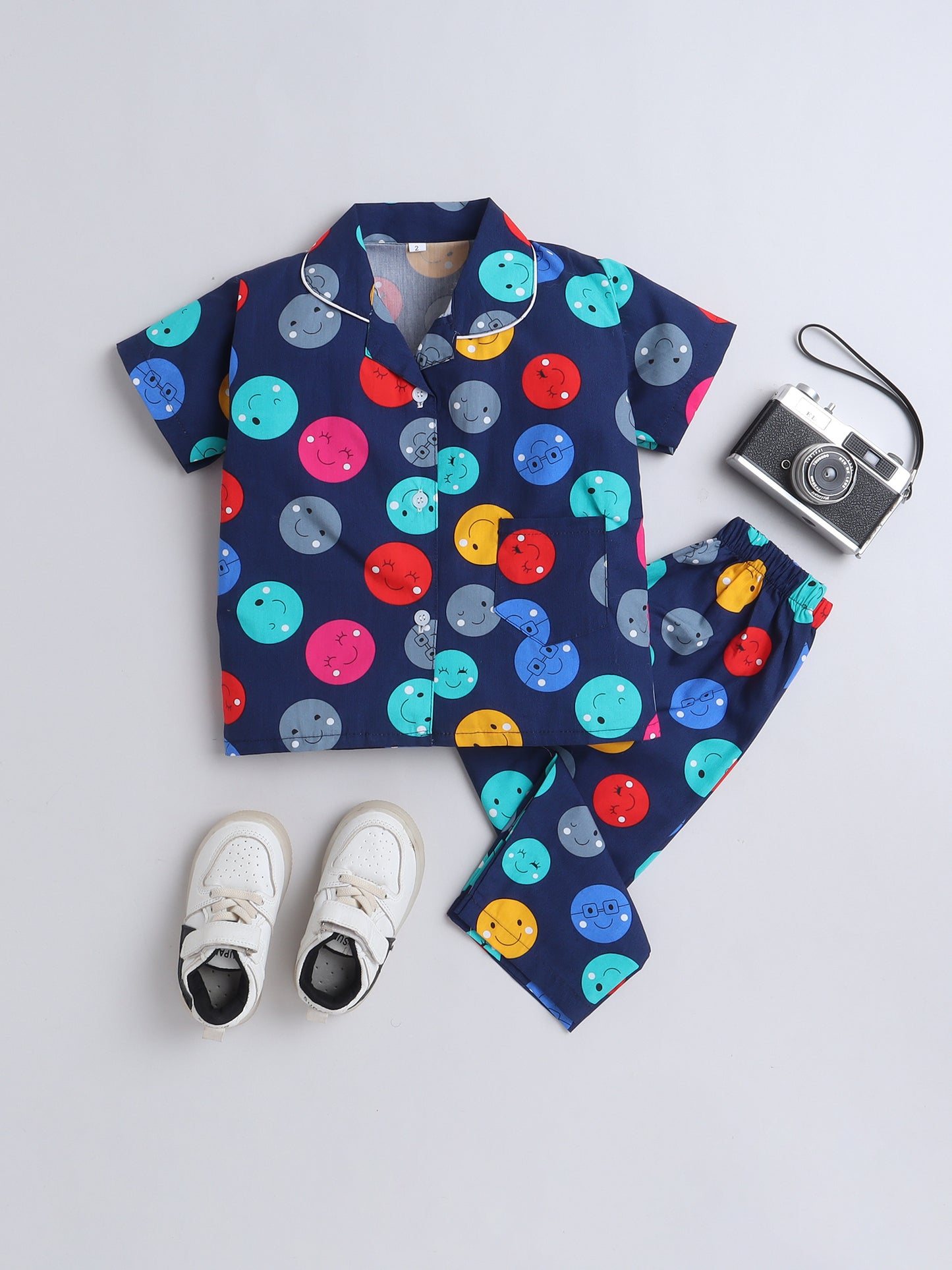 Half Sleeves Cotton Polka Dots Printed Night Suit Set Navy Blue