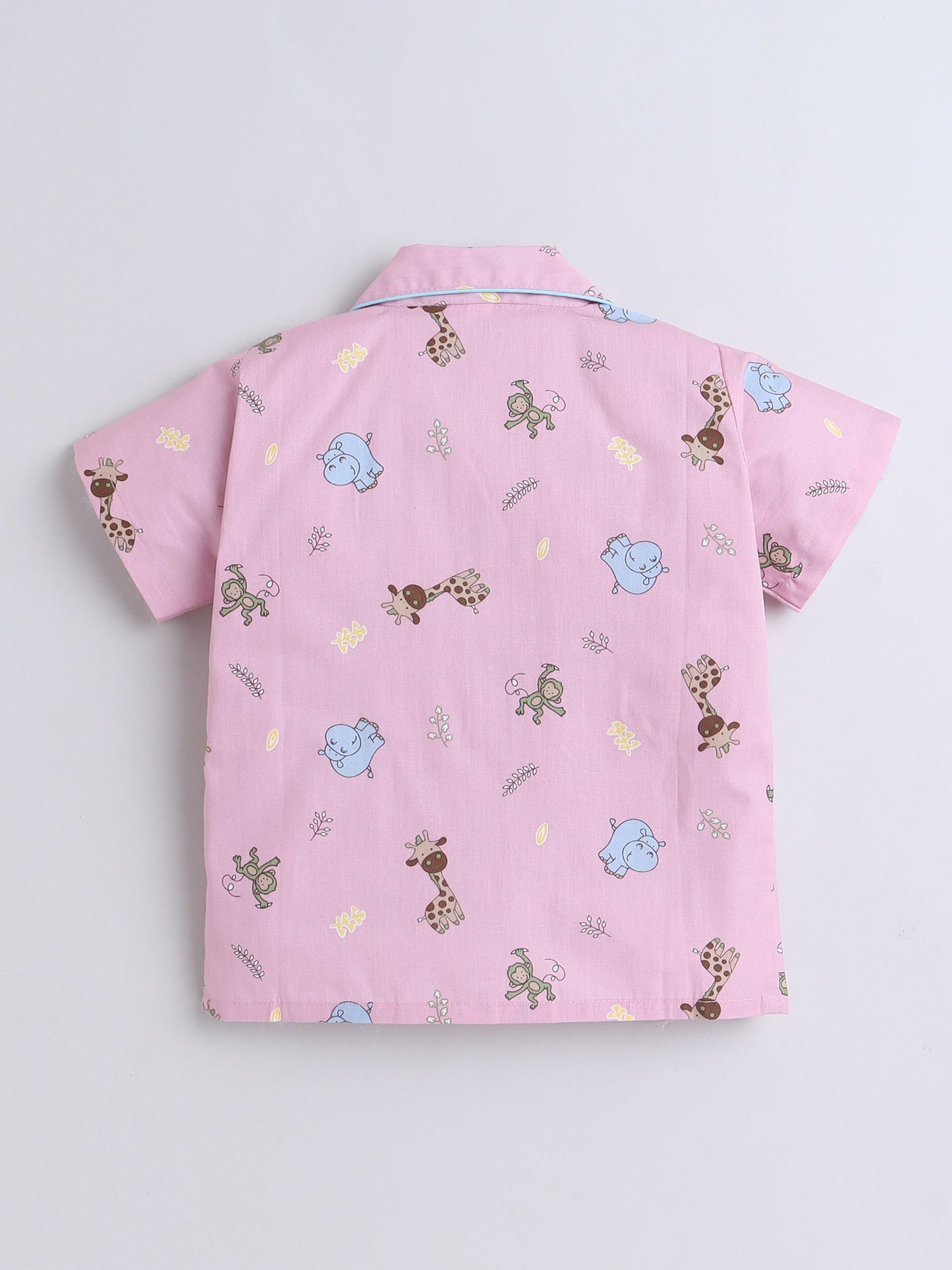 Cotton Woven Half Sleeves Animals Printed Coordinating Night Suit Set - Pink