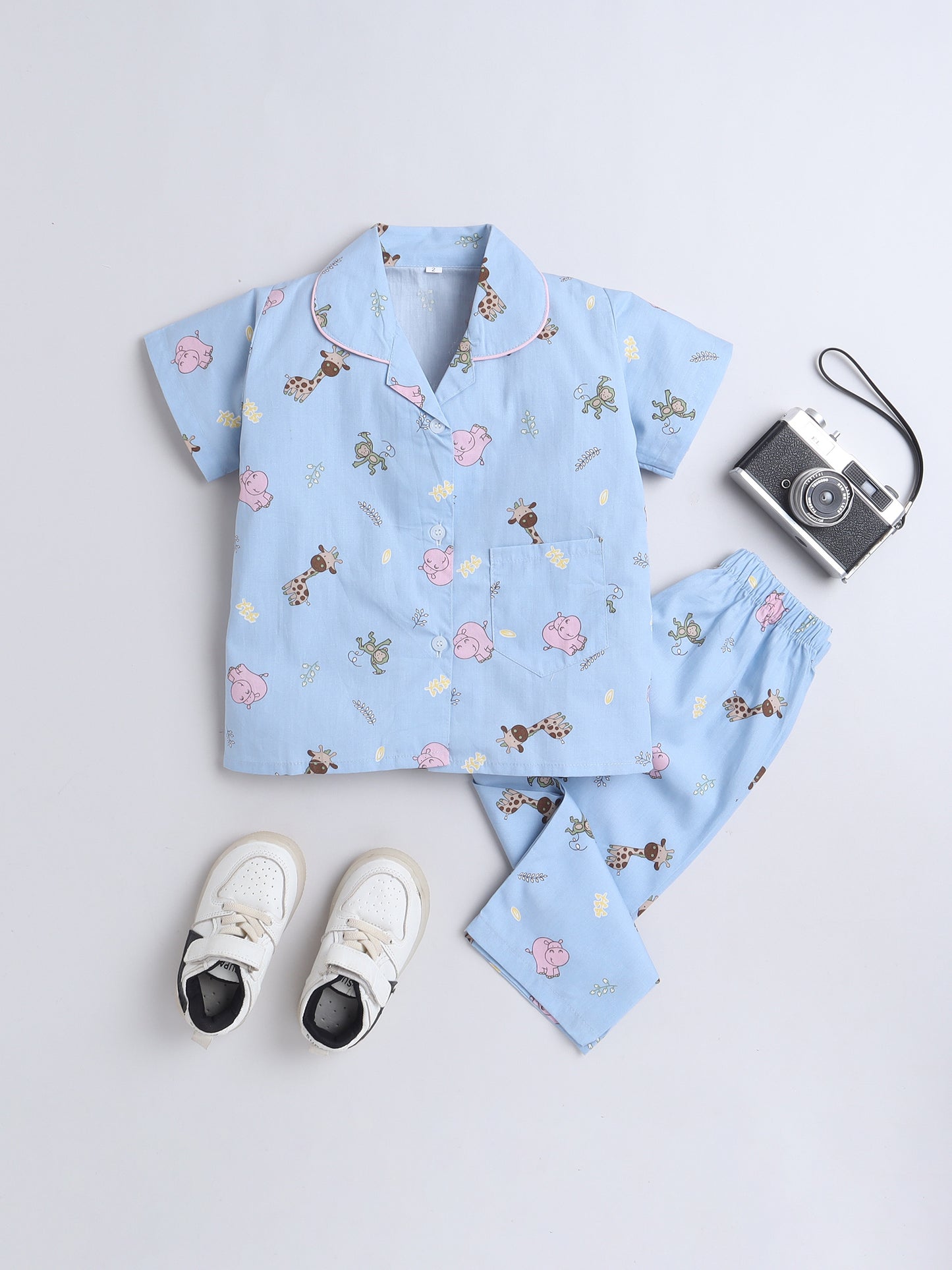 Half Sleeves Animal Cotton Printed Night Suit Set Blue