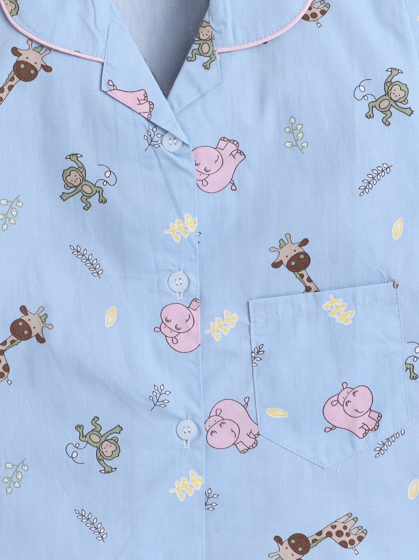 Half Sleeves Animal Cotton Printed Night Suit Set Blue
