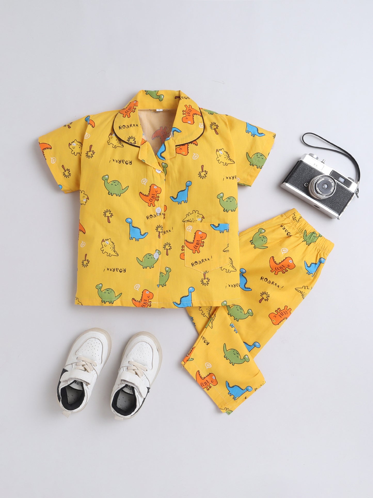 Half Sleeves Cotton Dinasaur Printed Night Suit Set Yellow