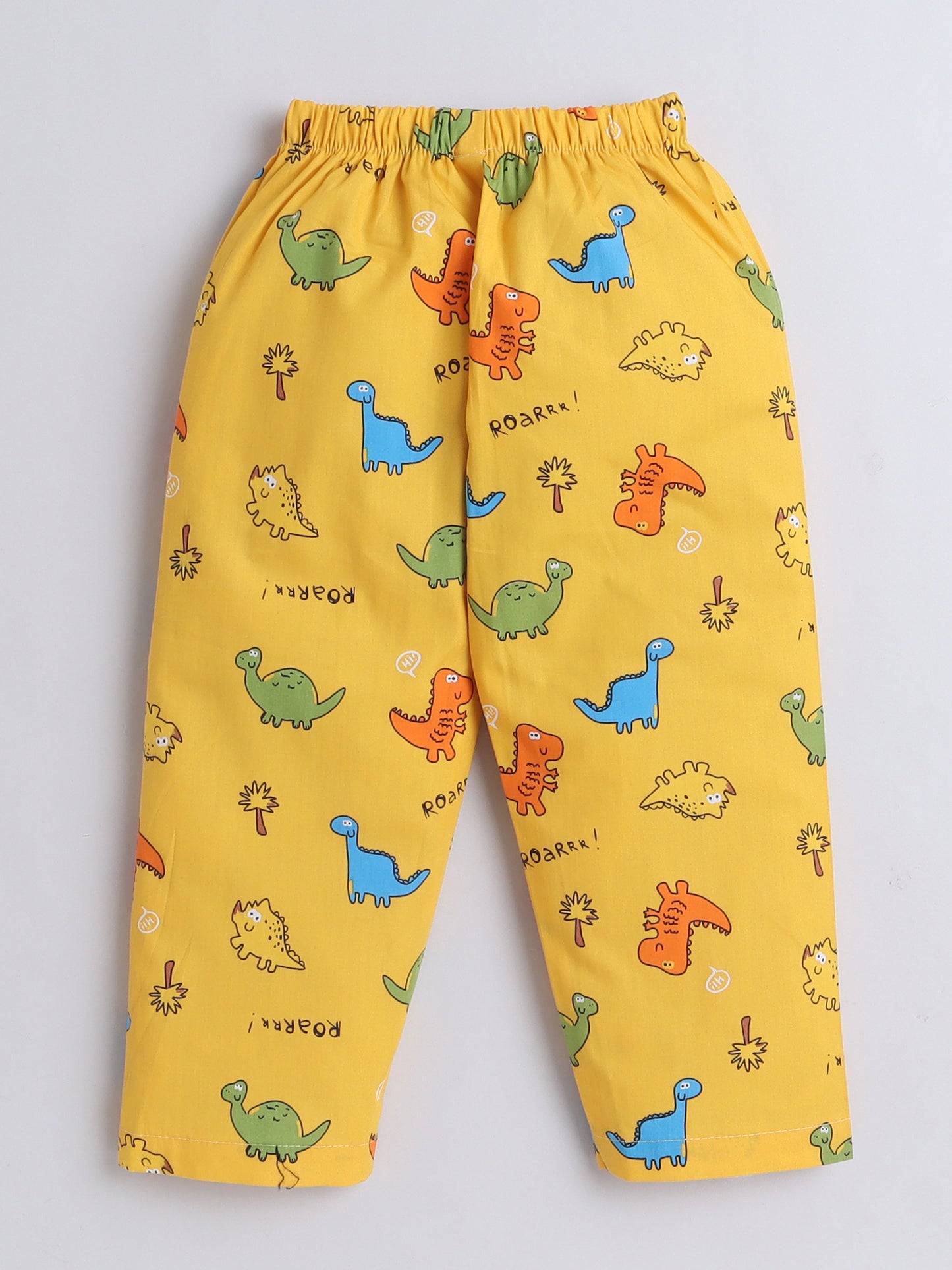 Half Sleeves Cotton Dinasaur Printed Night Suit Set Yellow