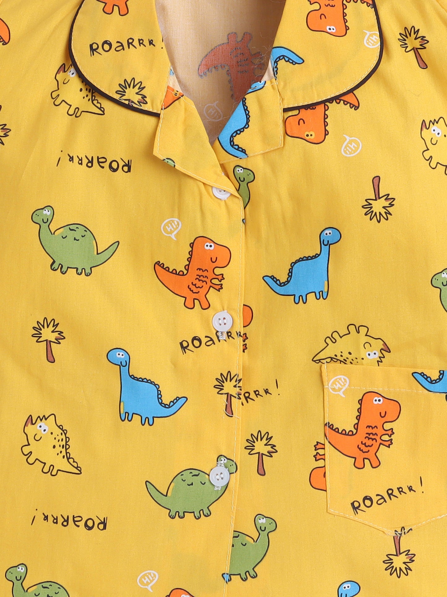 Half Sleeves Cotton Dinasaur Printed Night Suit Set Yellow