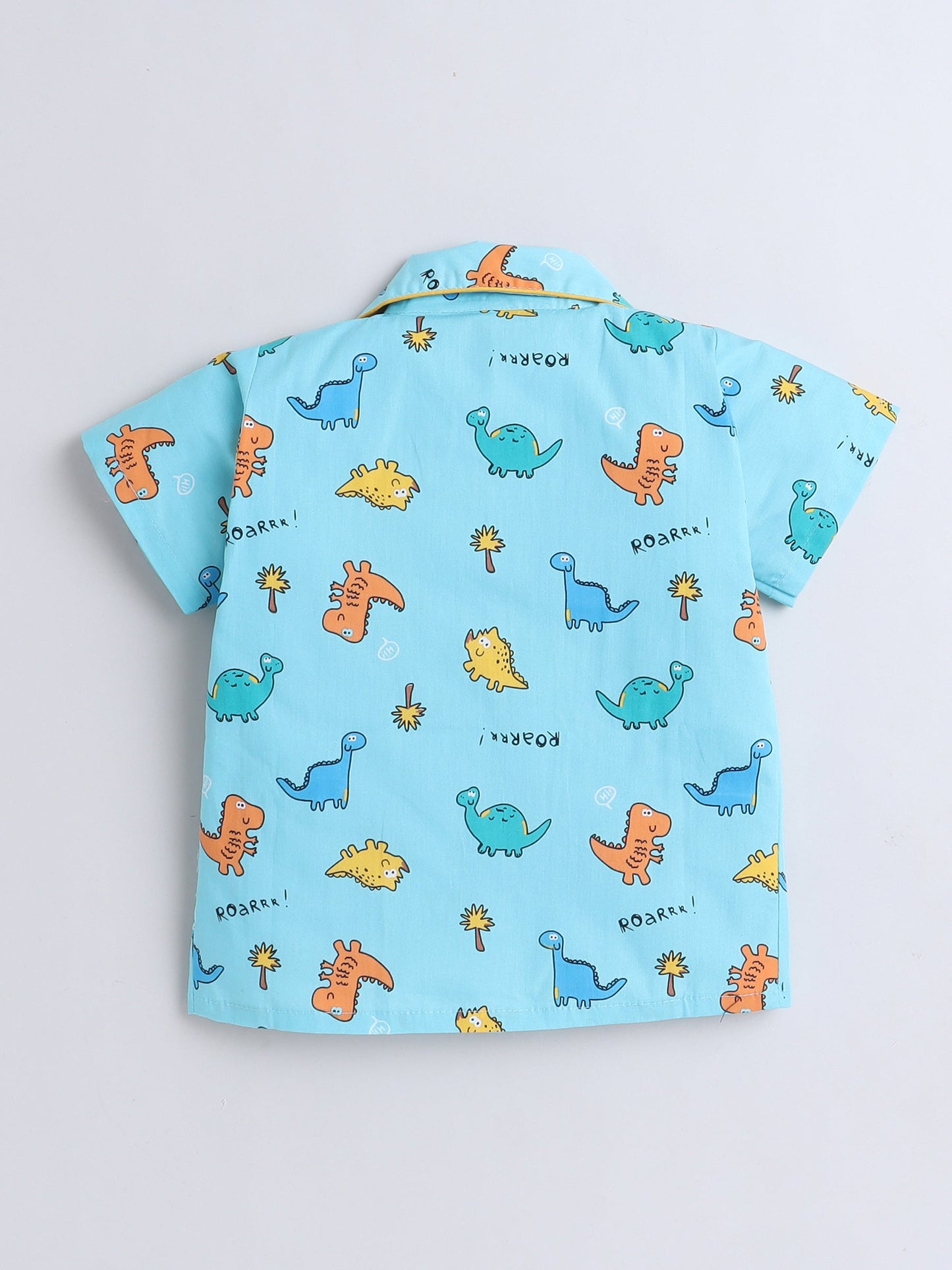 Cotton Woven Half Sleeves Dinosaurs Printed Coordinating Night Suit Set - Blue
