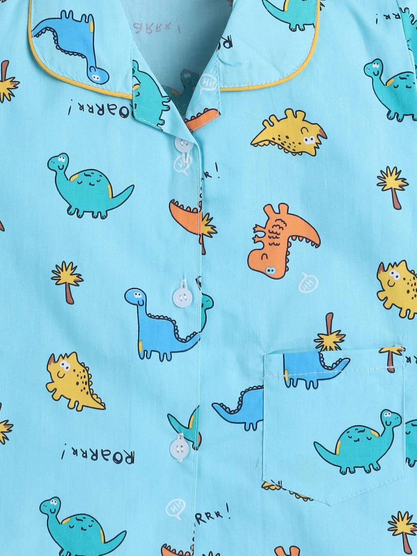 Cotton Woven Half Sleeves Dinosaurs Printed Coordinating Night Suit Set - Blue
