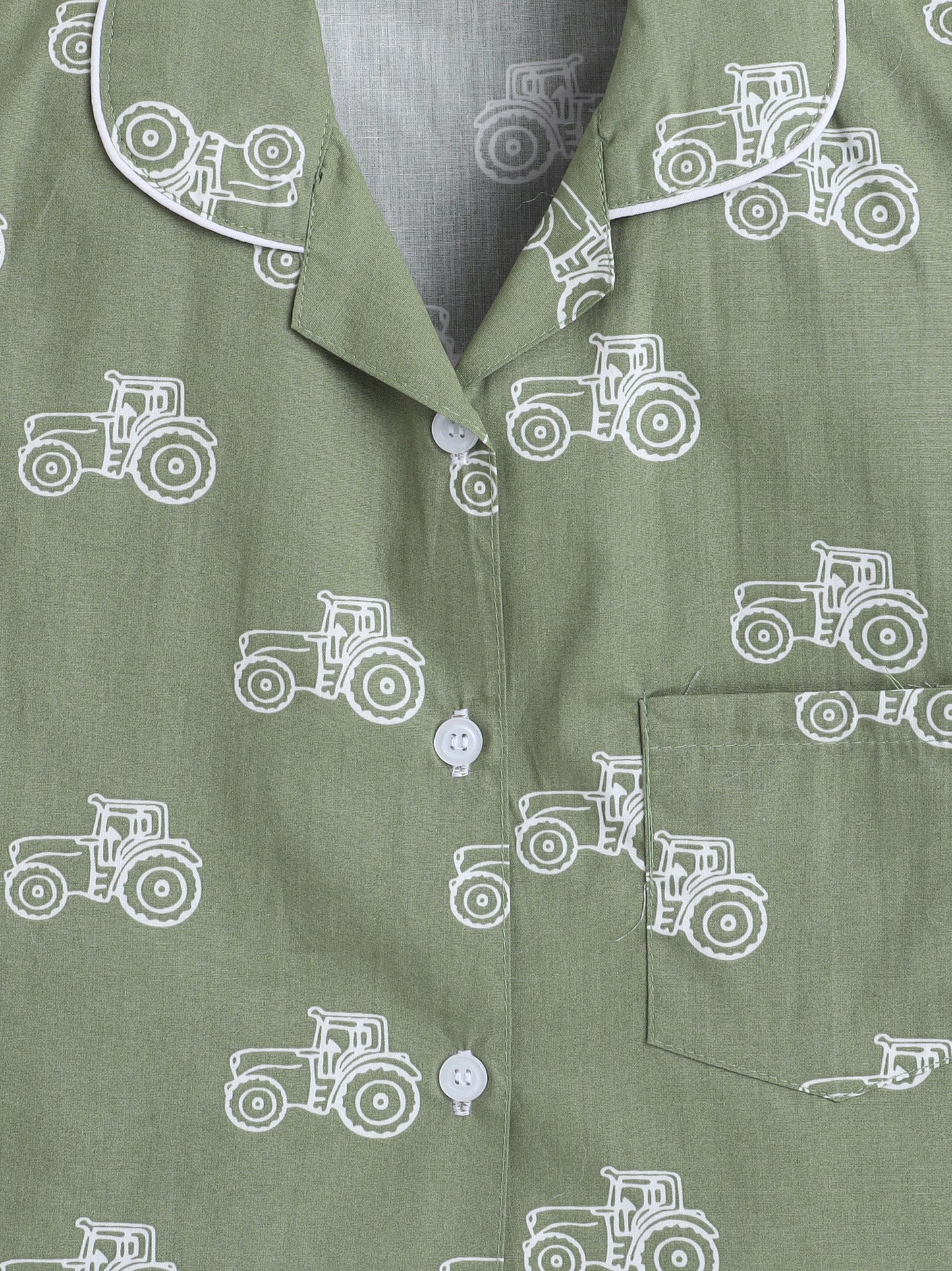 Cotton Woven Half Sleeves Vintage Car Printed Coordinating Night Suit Set - Green