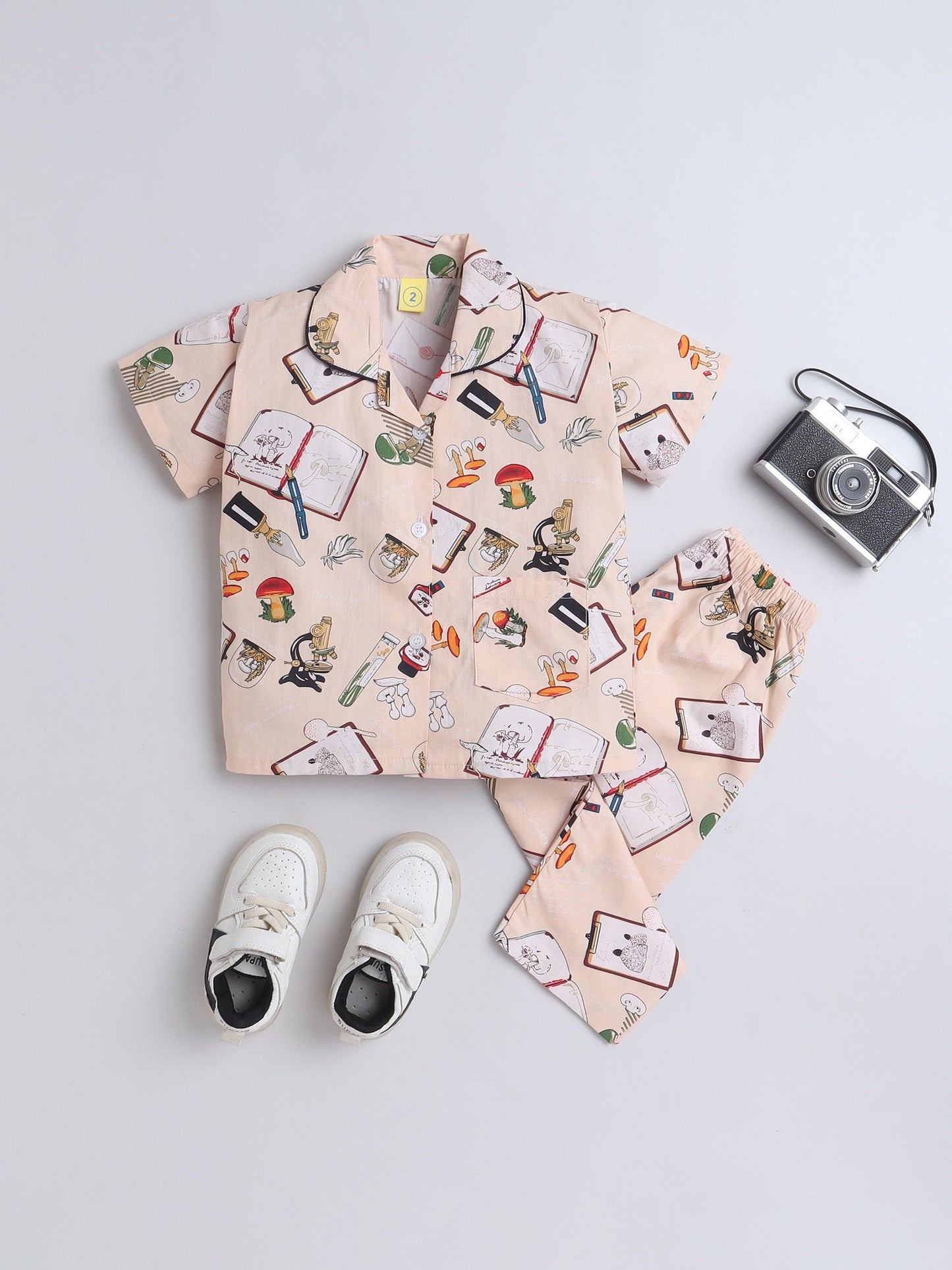 Cotton Woven Half Sleeves Diary & Pen Printed Coordinating Night Suit Set - Beige