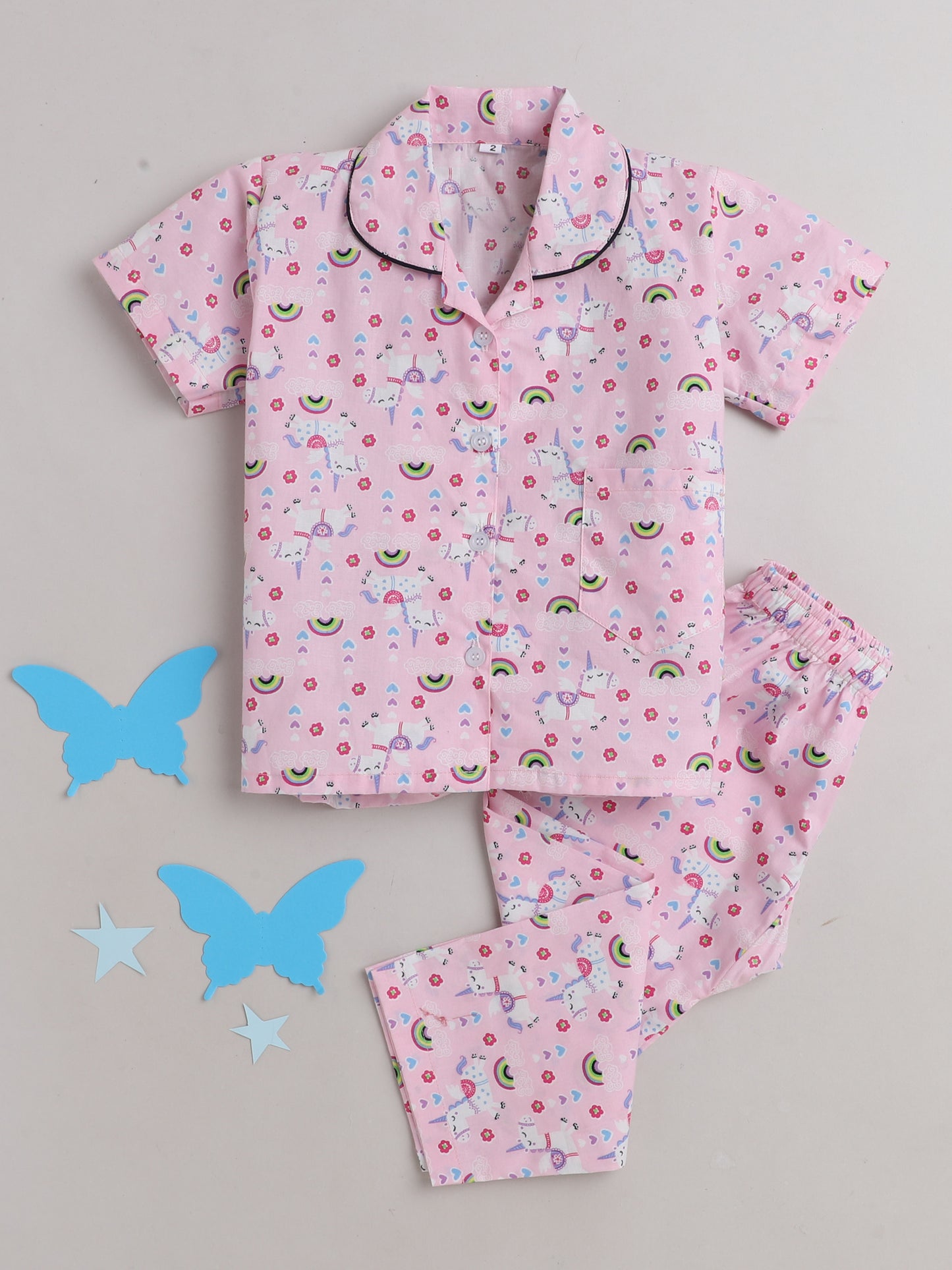 Half Sleeves Unicorn Magic Printed Collared Night Suit Pink