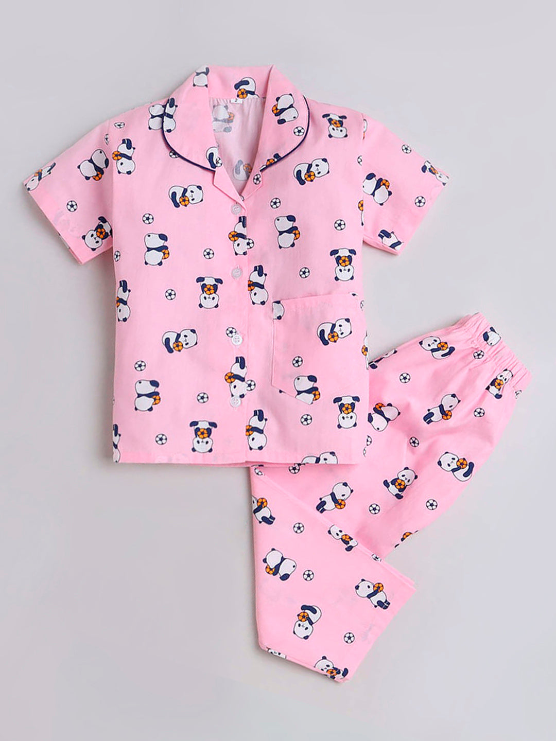 Panda With Football Printed Half Sleeves Lounge Wear Night Suit Set For Kids Pink