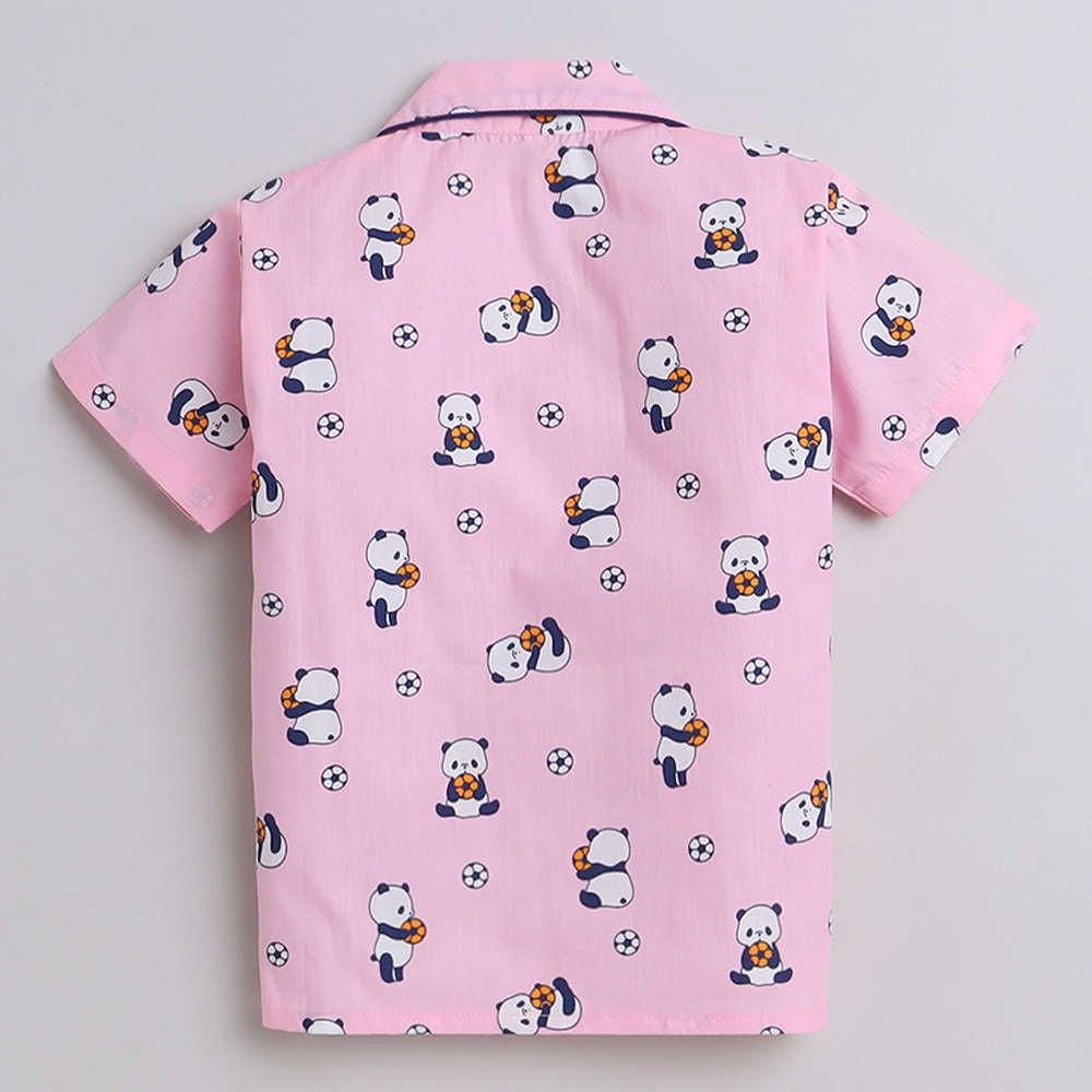 Panda With Football Printed Half Sleeves Lounge Wear Night Suit Set For Kids Pink