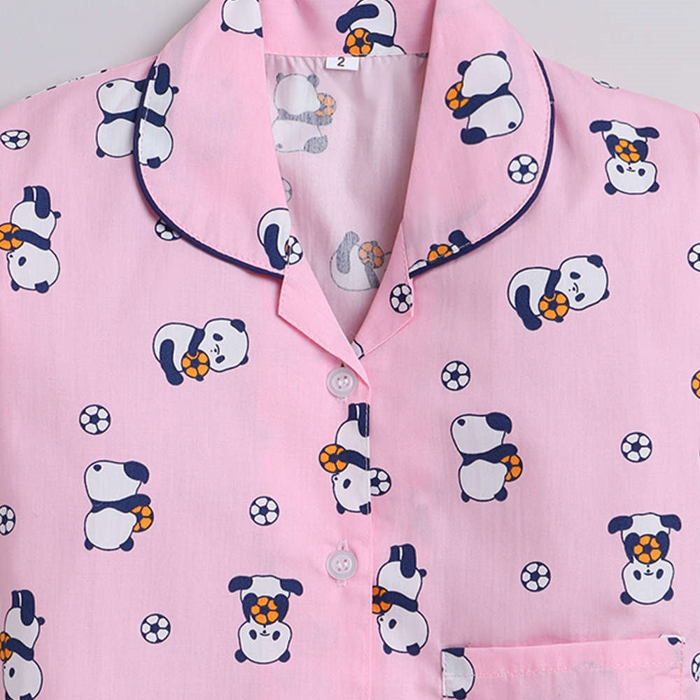 Panda With Football Printed Half Sleeves Lounge Wear Night Suit Set For Kids Pink
