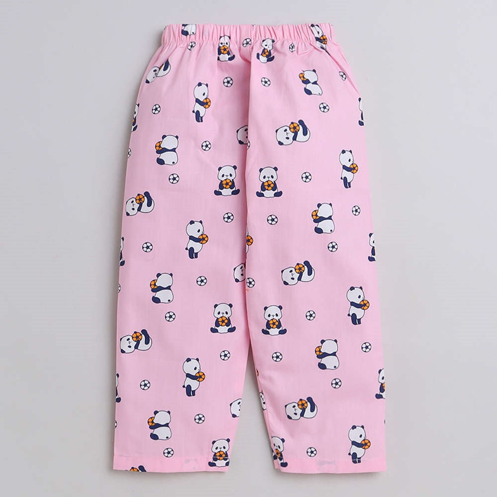 Panda With Football Printed Half Sleeves Lounge Wear Night Suit Set For Kids Pink