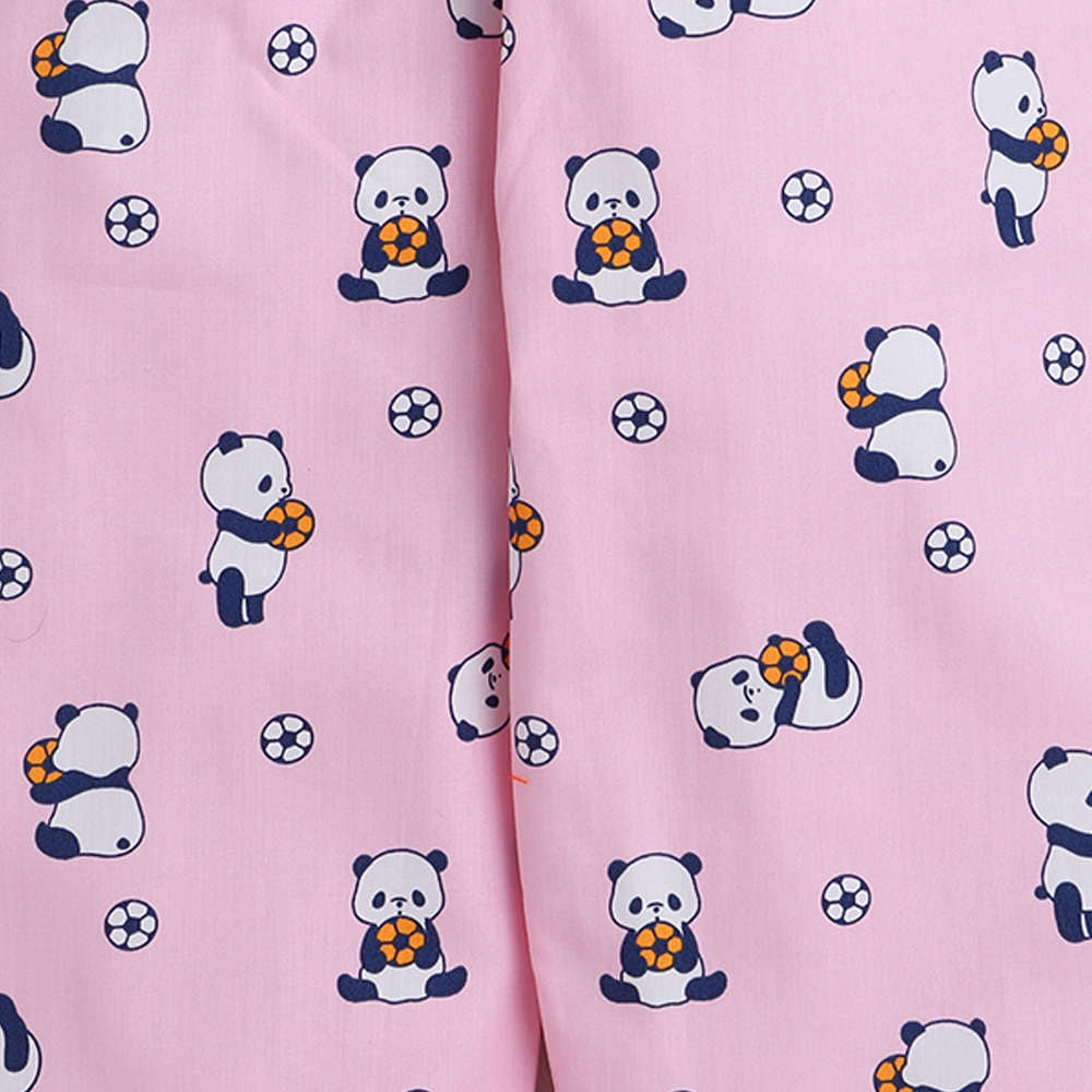 Panda With Football Printed Half Sleeves Lounge Wear Night Suit Set For Kids Pink