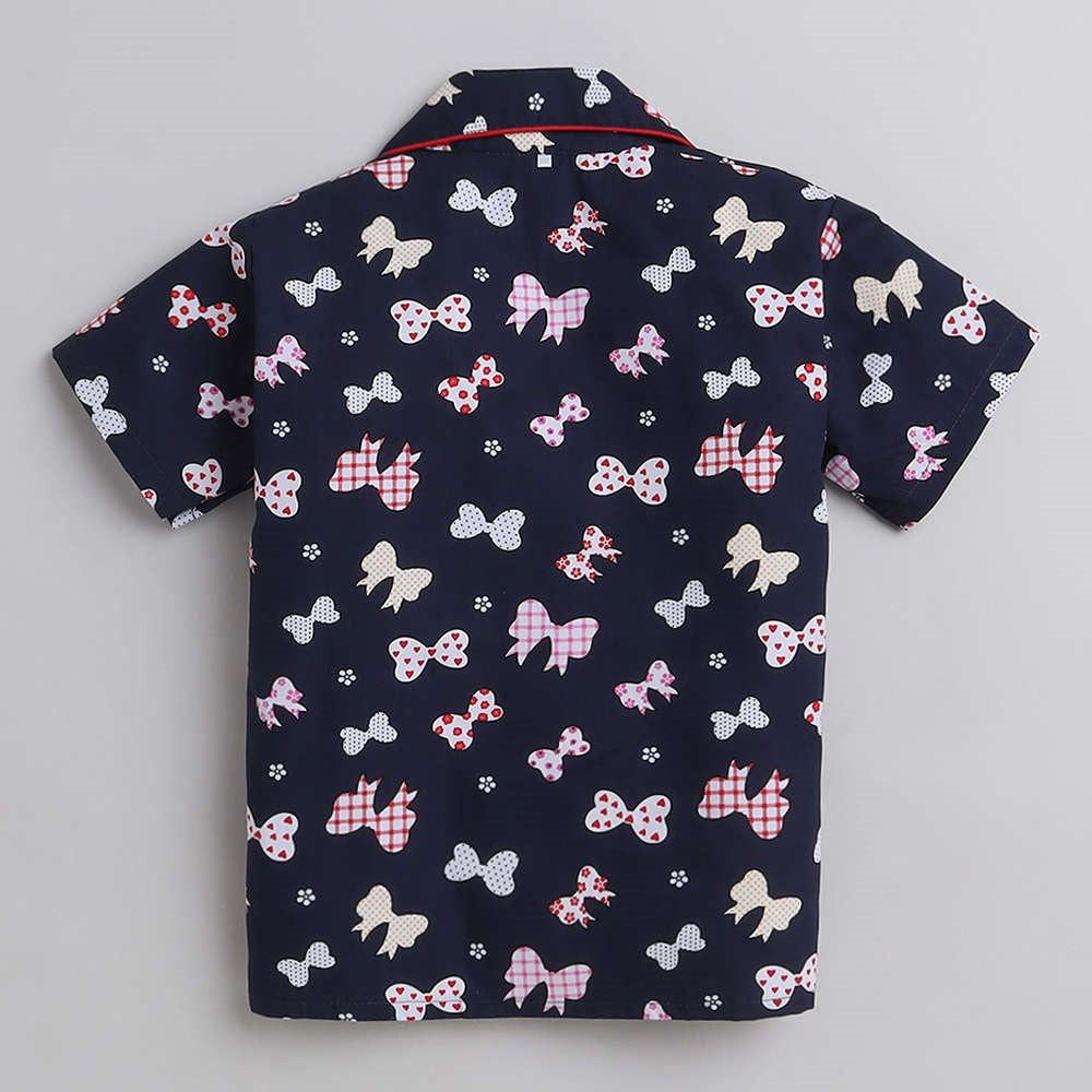 Bow Printed Half Sleeves Lounge Wear Night Suit Set For Kids Navy Blue