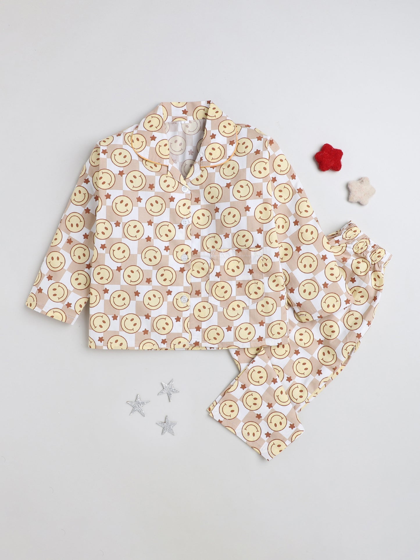 Full Sleeves Smiley Printed Lounge Wear Night Suit Set For Kids Brown