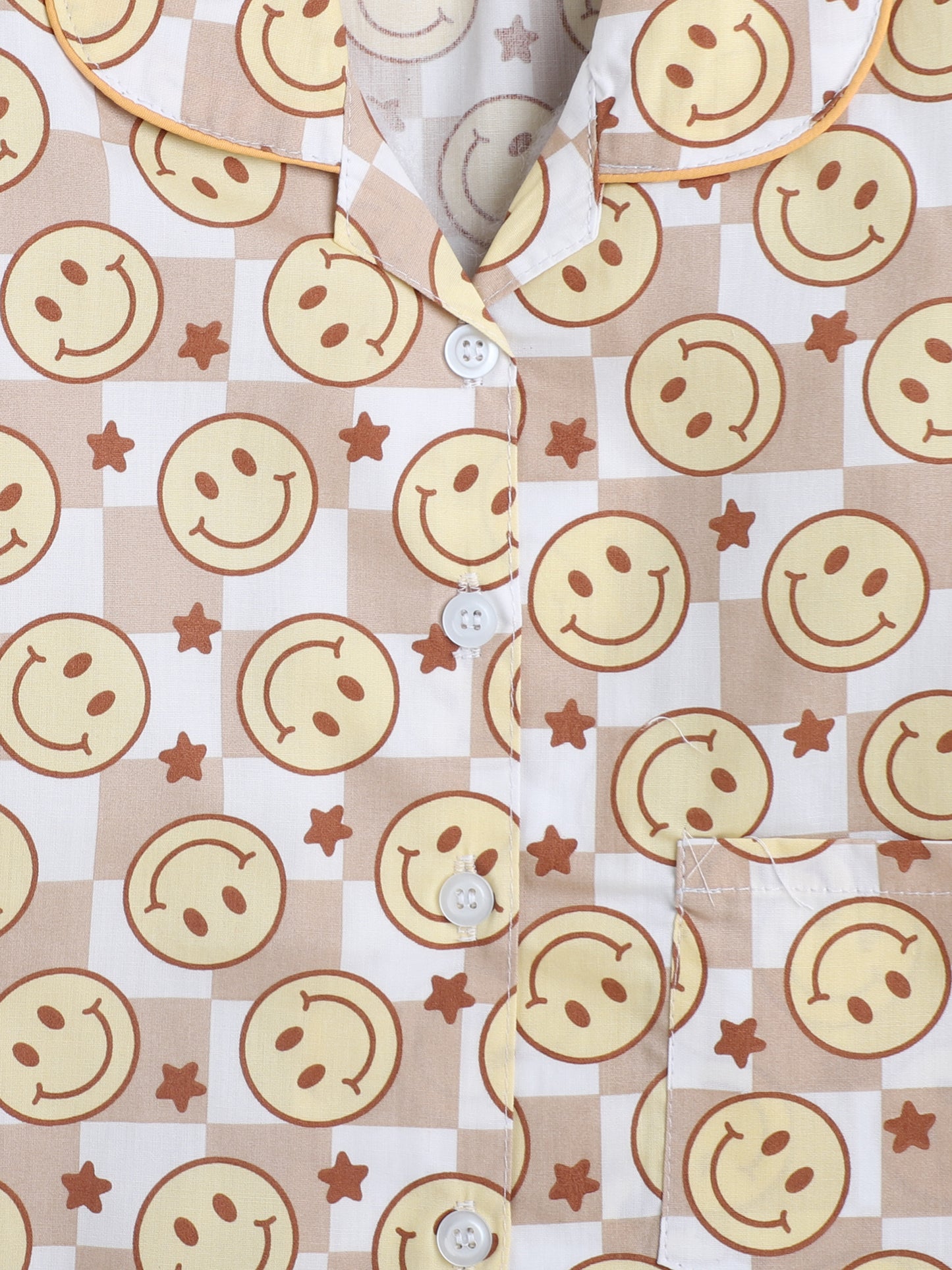 Full Sleeves Smiley Printed Lounge Wear Night Suit Set For Kids Brown