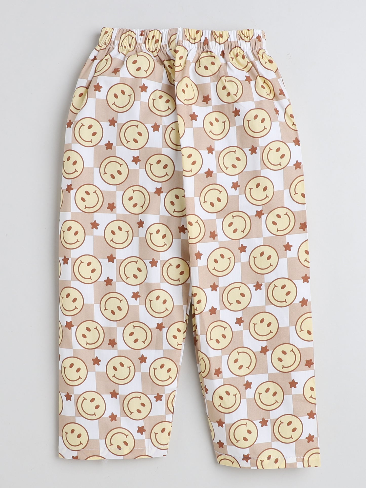 Full Sleeves Smiley Printed Lounge Wear Night Suit Set For Kids Brown