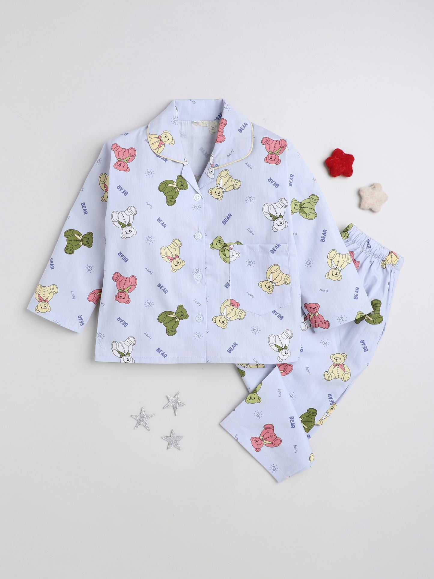 Full Sleeves Animal Printed Lounge Wear Night Suit Set For Kids Sky Blue