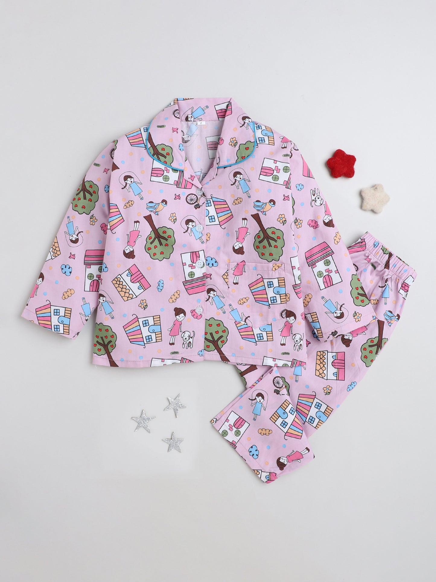 Full Sleeves Printed Lounge Wear Night Suit Set For Kids Pink