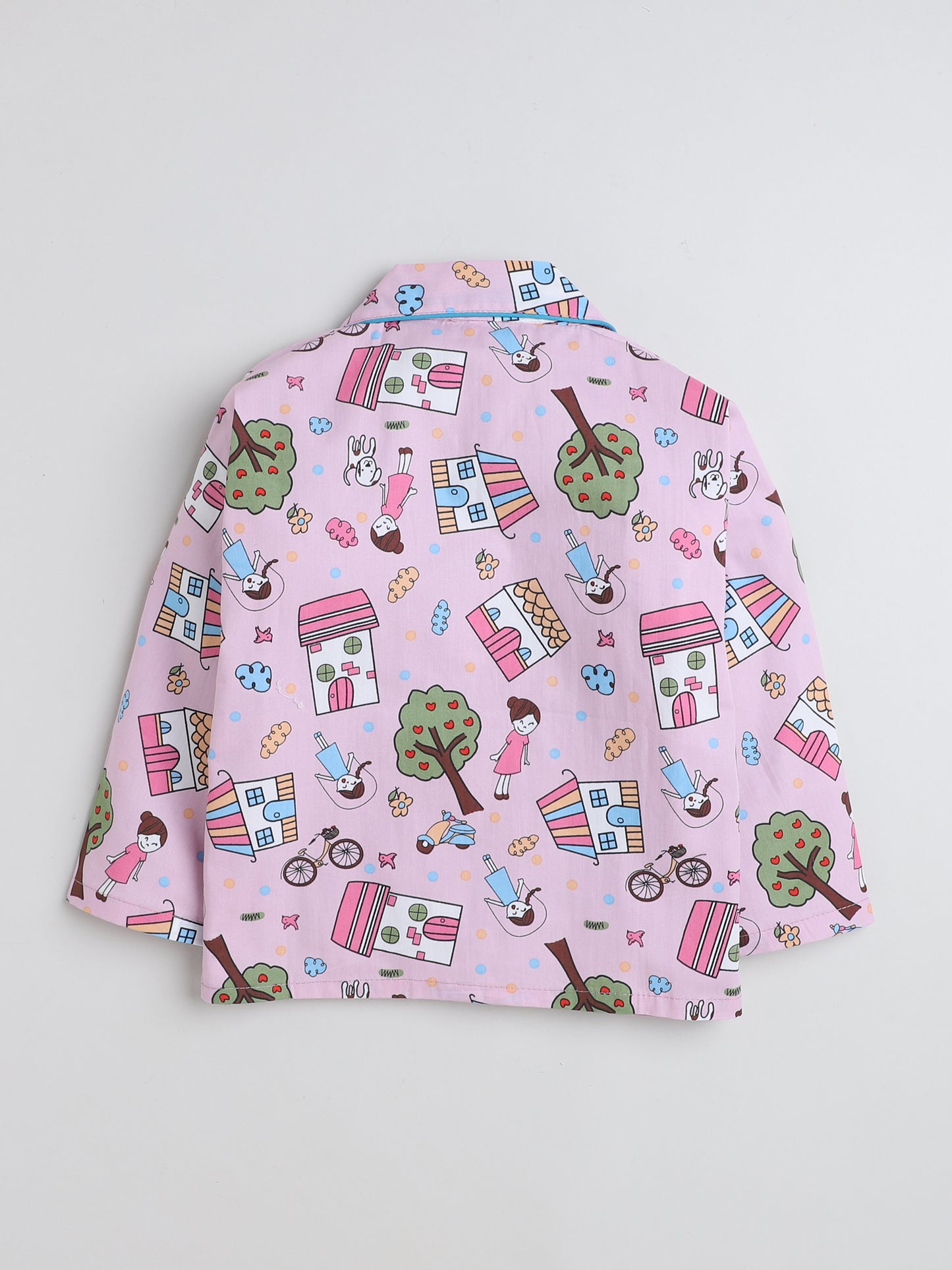 Full Sleeves Printed Lounge Wear Night Suit Set For Kids Pink