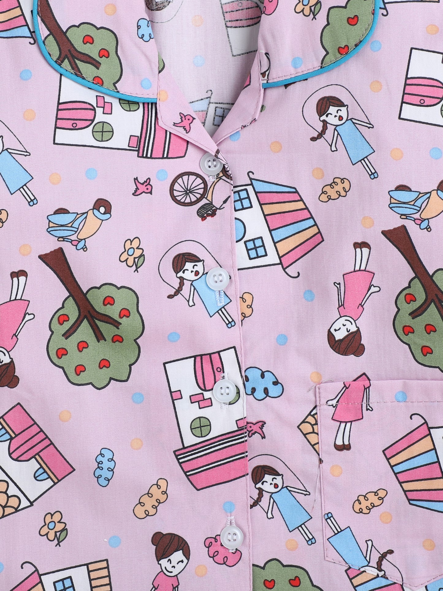Full Sleeves Printed Lounge Wear Night Suit Set For Kids Pink