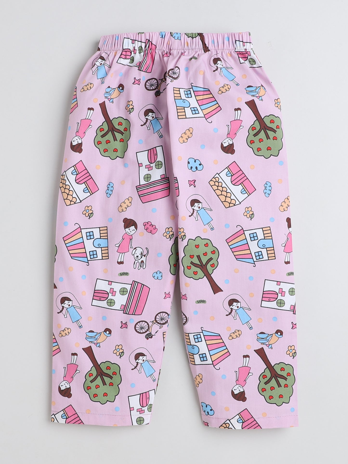 Full Sleeves Printed Lounge Wear Night Suit Set For Kids Pink