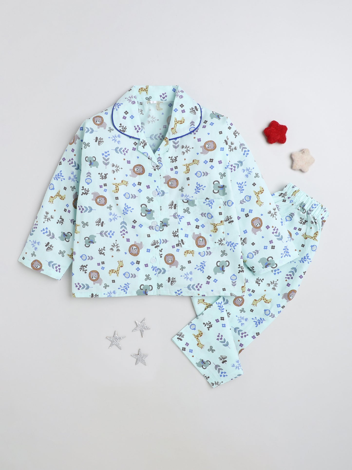 Full Sleeves Animal Print Lounge Wear Night Suit Set For Kids Sky Blue