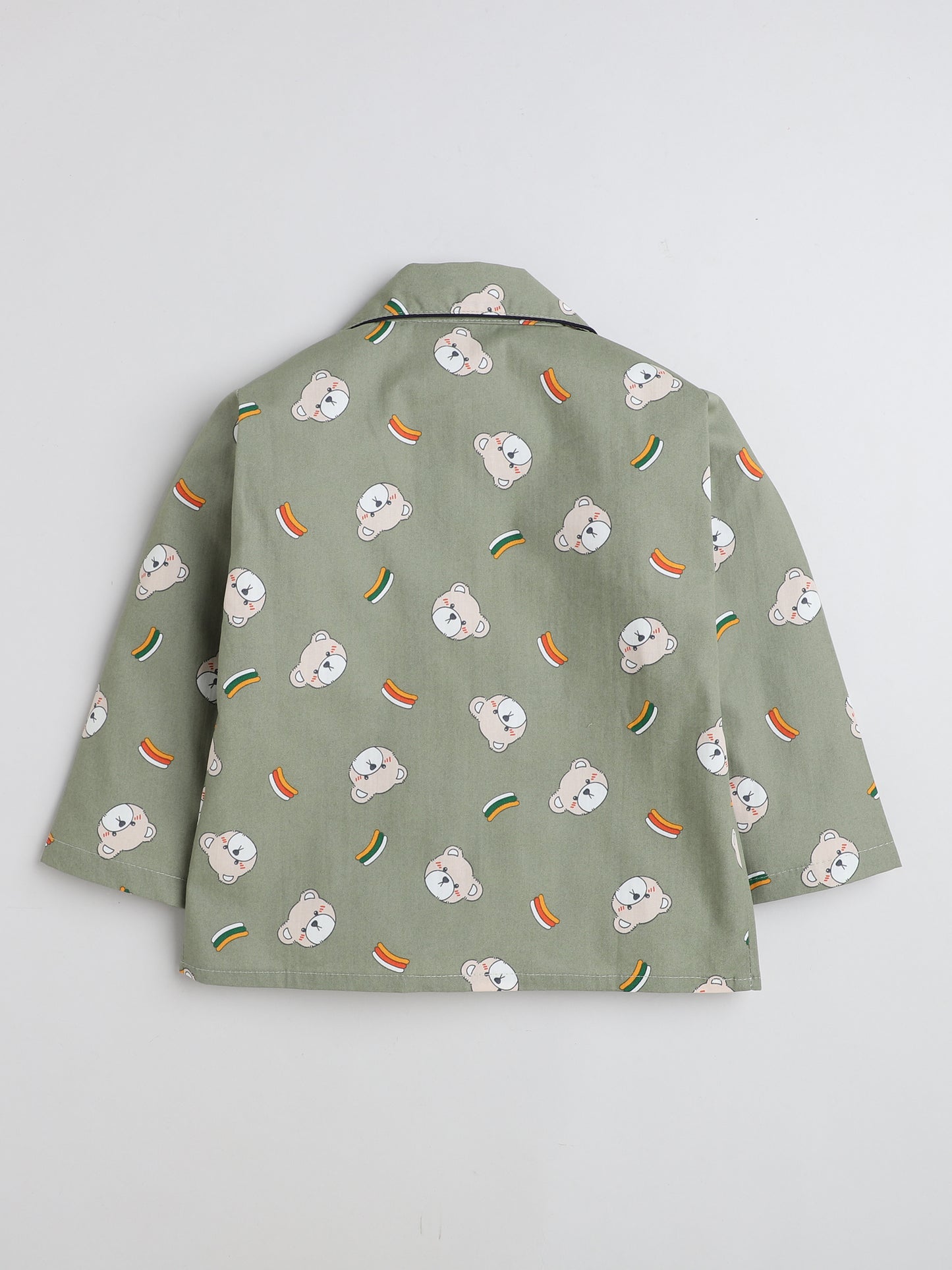 Full Sleeves Teddy Print Lounge Wear Night Suit Set For Kids Green