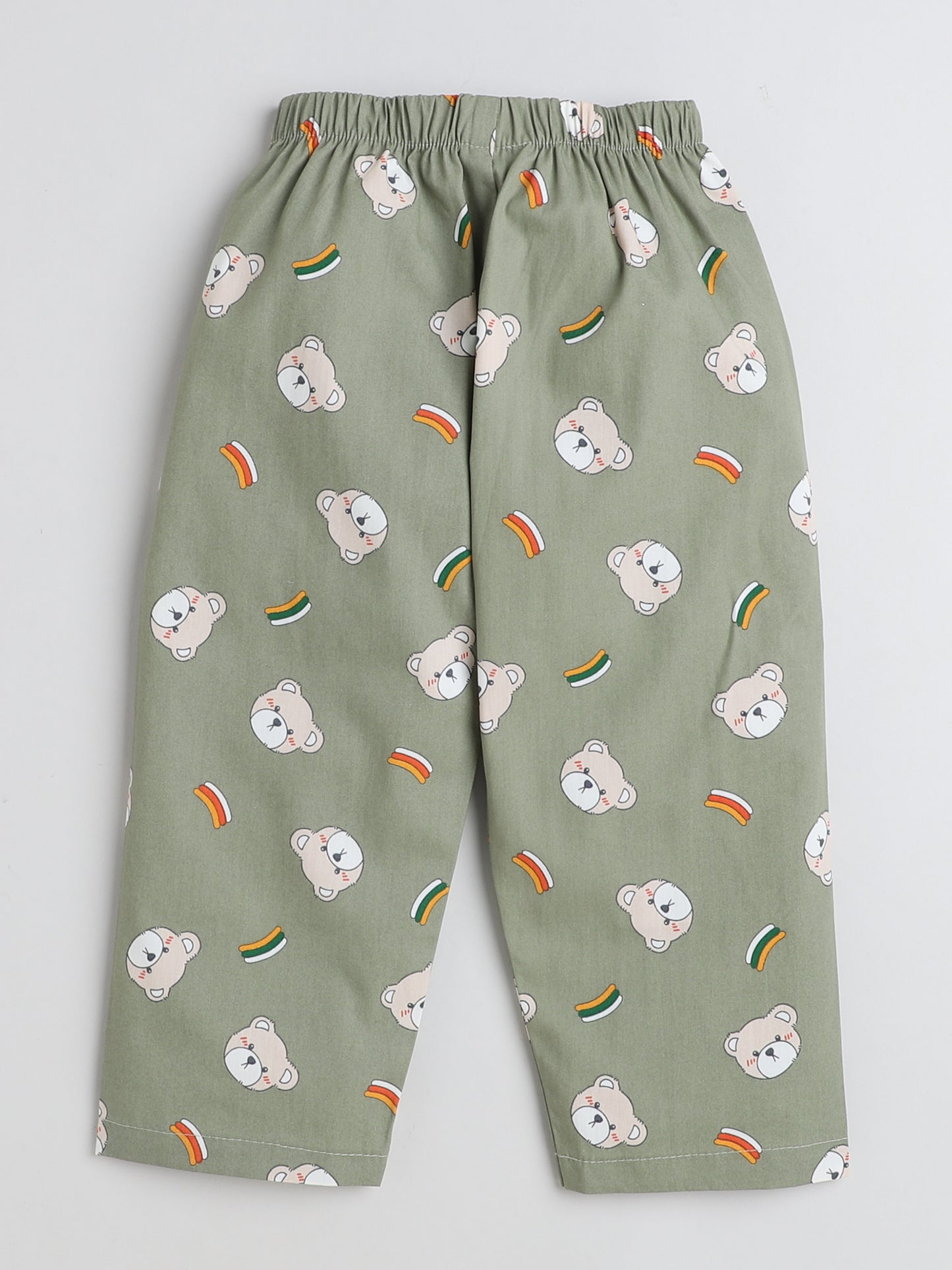 Full Sleeves Teddy Print Lounge Wear Night Suit Set For Kids Green