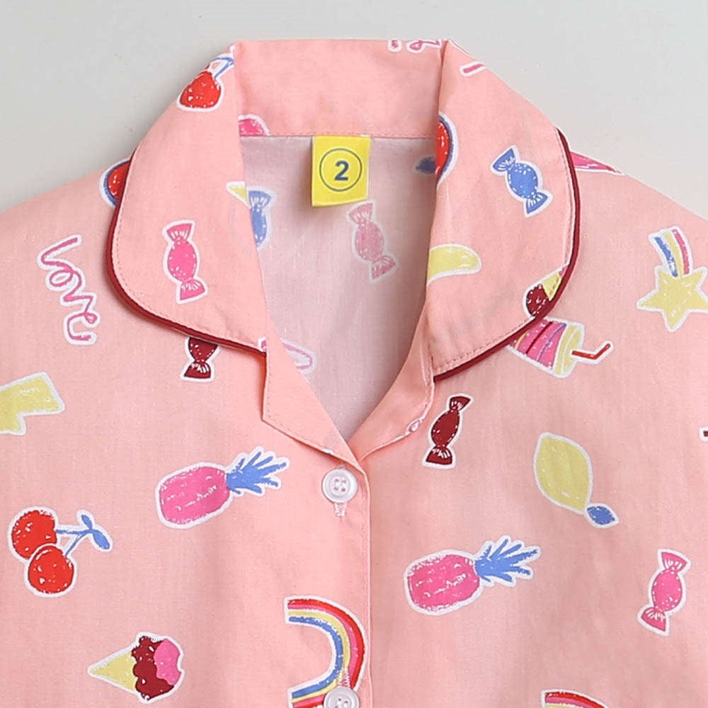 Cotton Full Sleeves Fruits Printed Coordinating Night Suit Set - Peach
