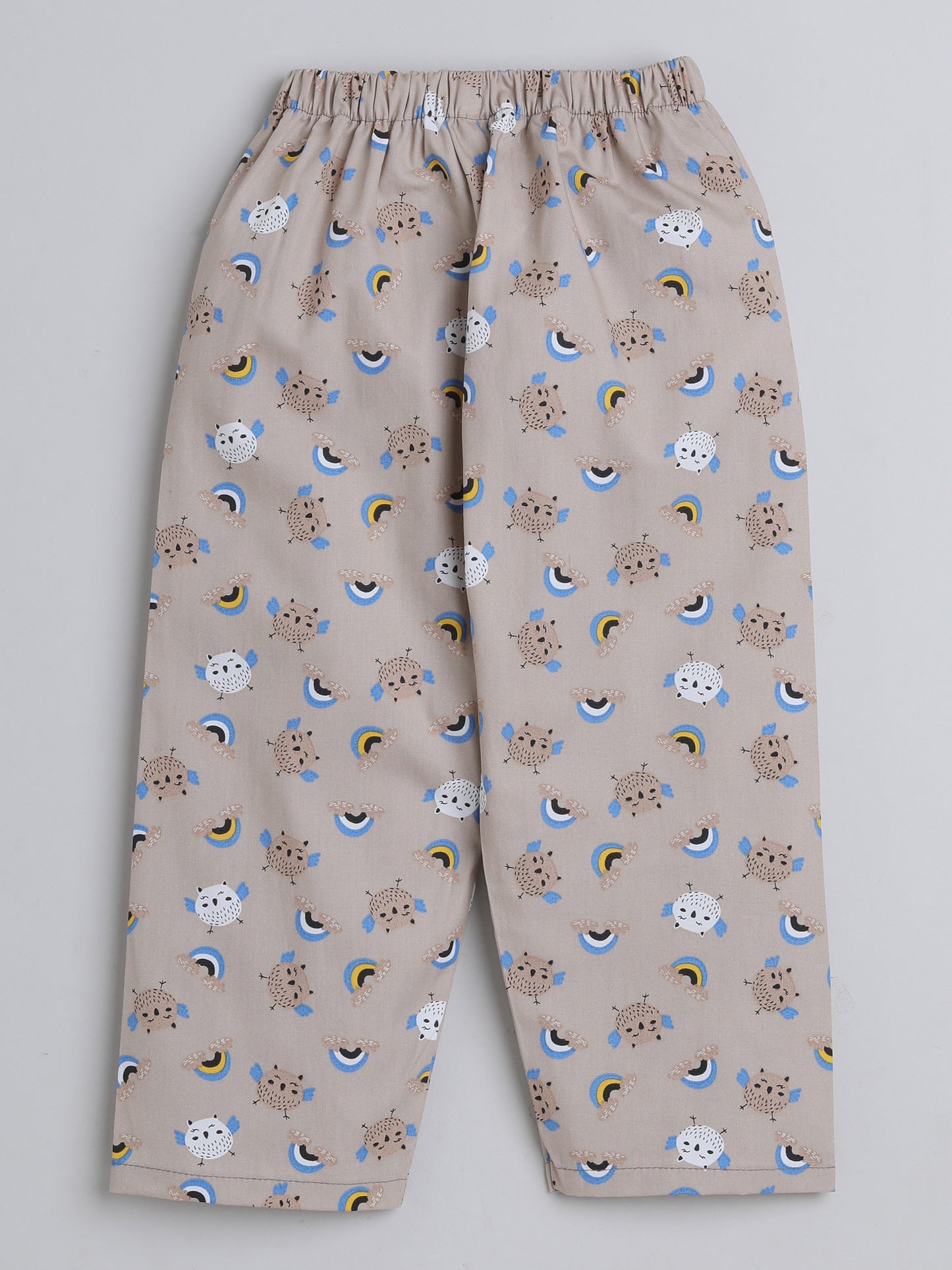 Full Sleeves Bird Printed Lounge Wear Night Suit Set For Kids Beige