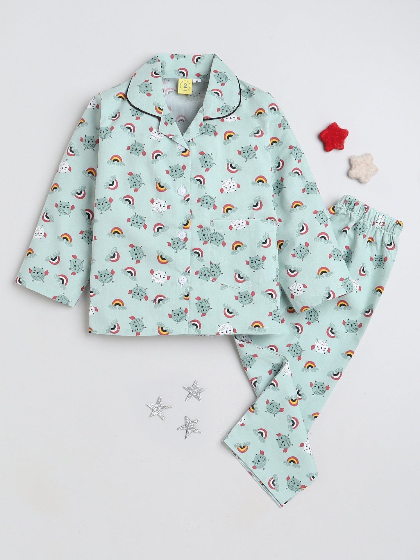 Full Sleeves Bird Printed Lounge Wear Night Suit Set For Kids Mint