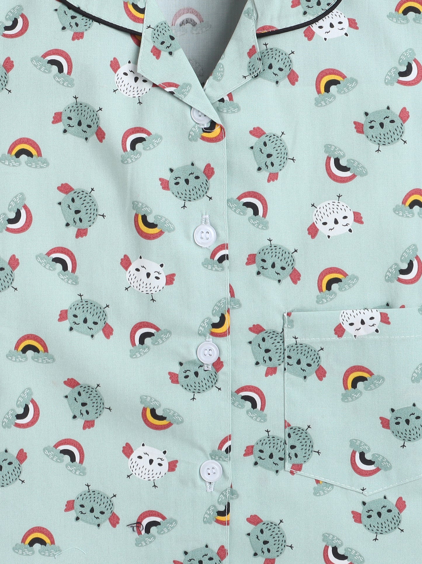 Full Sleeves Bird Printed Lounge Wear Night Suit Set For Kids Mint
