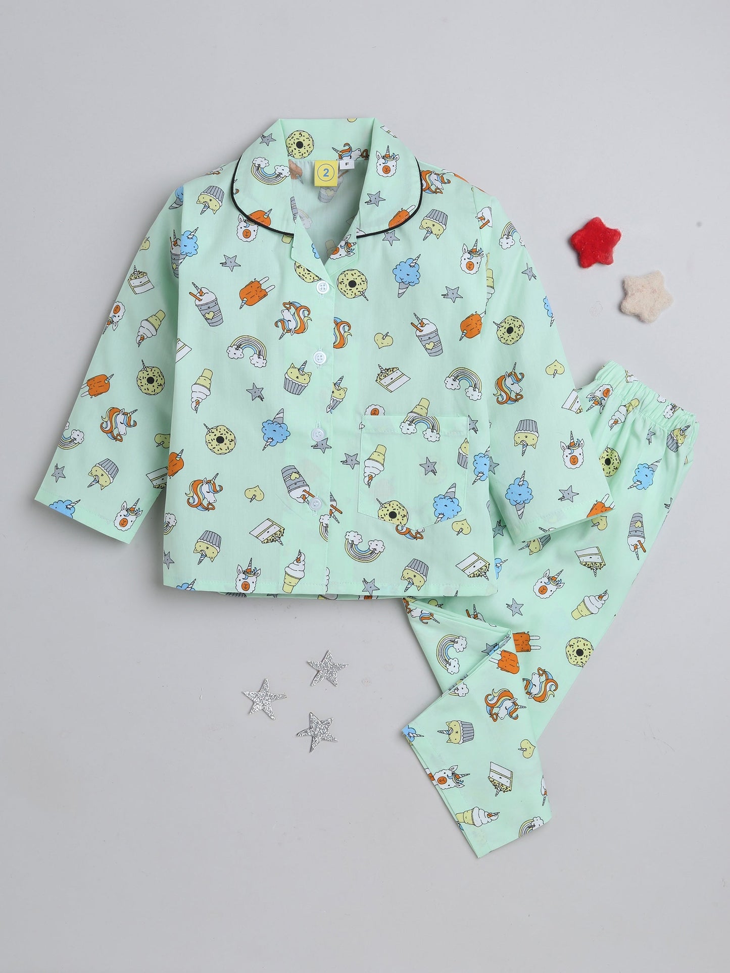 Full Sleeves Cupcake & Unicorn Printed Coordinating Shirt & Pajama Night Suit Set - Green