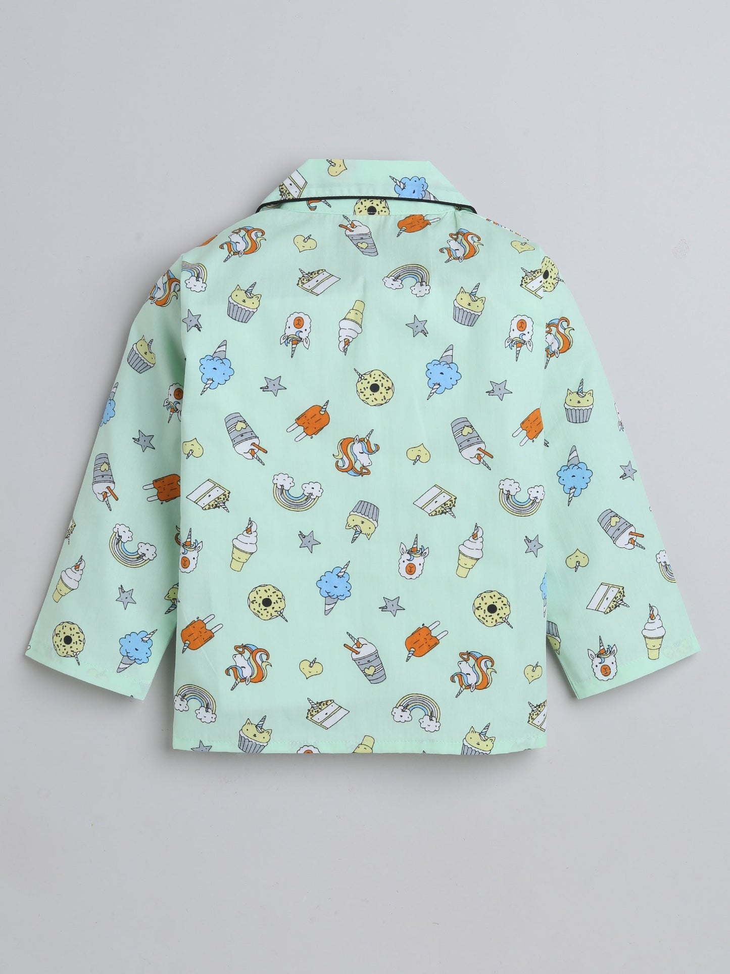Full Sleeves Cupcake & Unicorn Printed Coordinating Shirt & Pajama Night Suit Set - Green