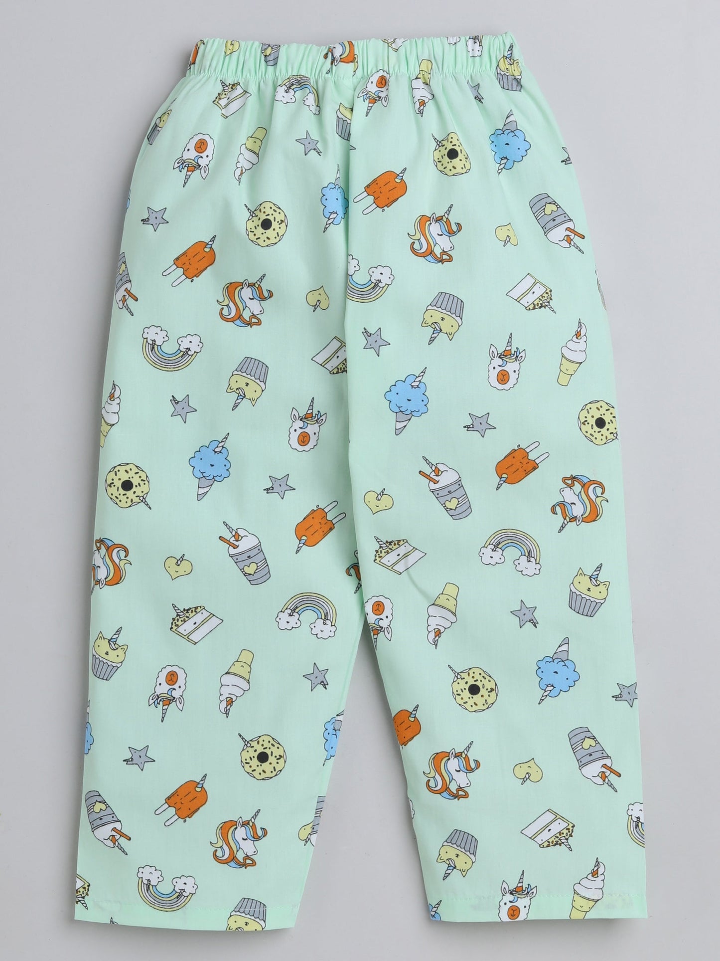 Full Sleeves Cupcake & Unicorn Printed Coordinating Shirt & Pajama Night Suit Set - Green
