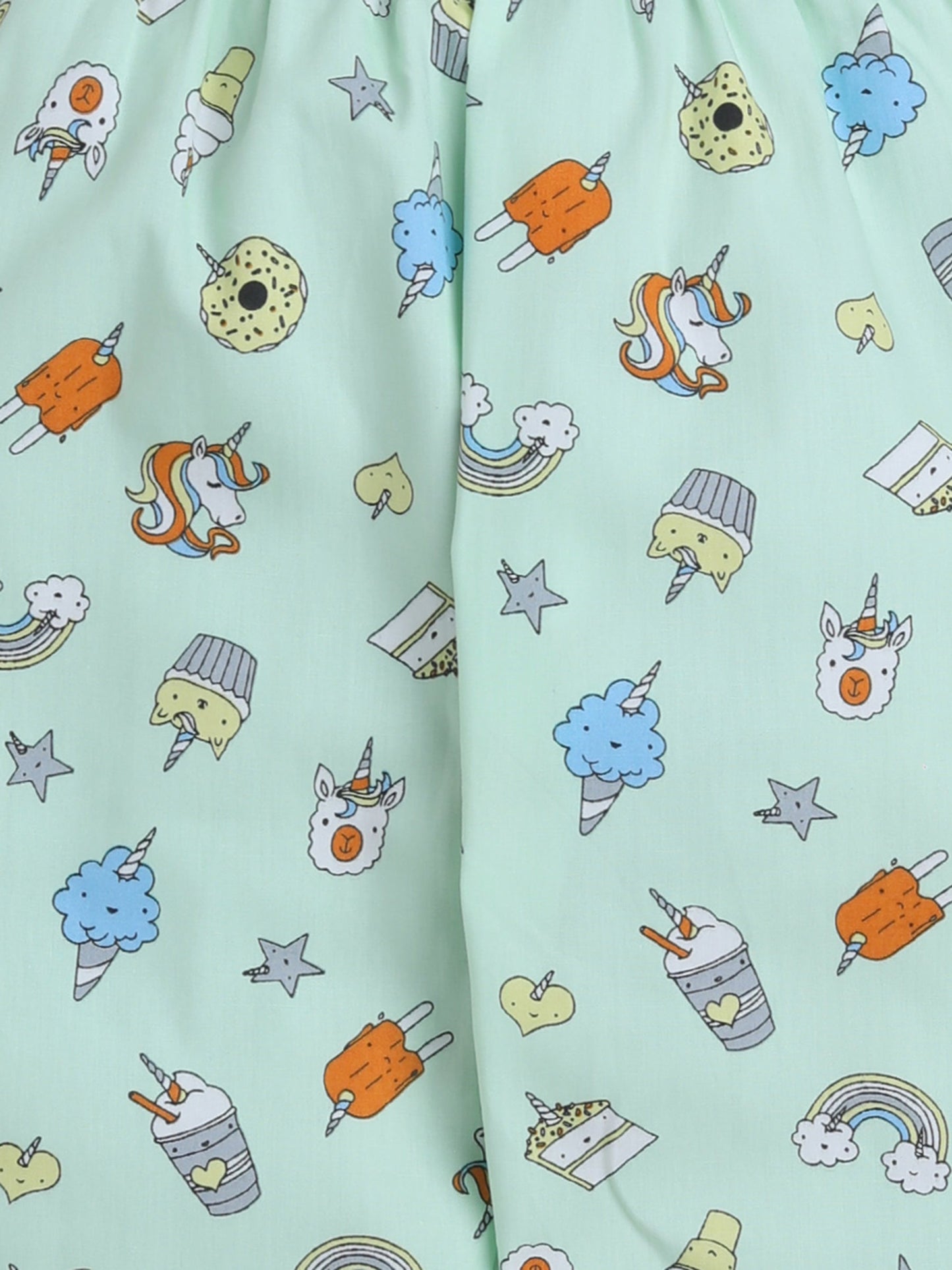 Full Sleeves Cupcake & Unicorn Printed Coordinating Shirt & Pajama Night Suit Set - Green