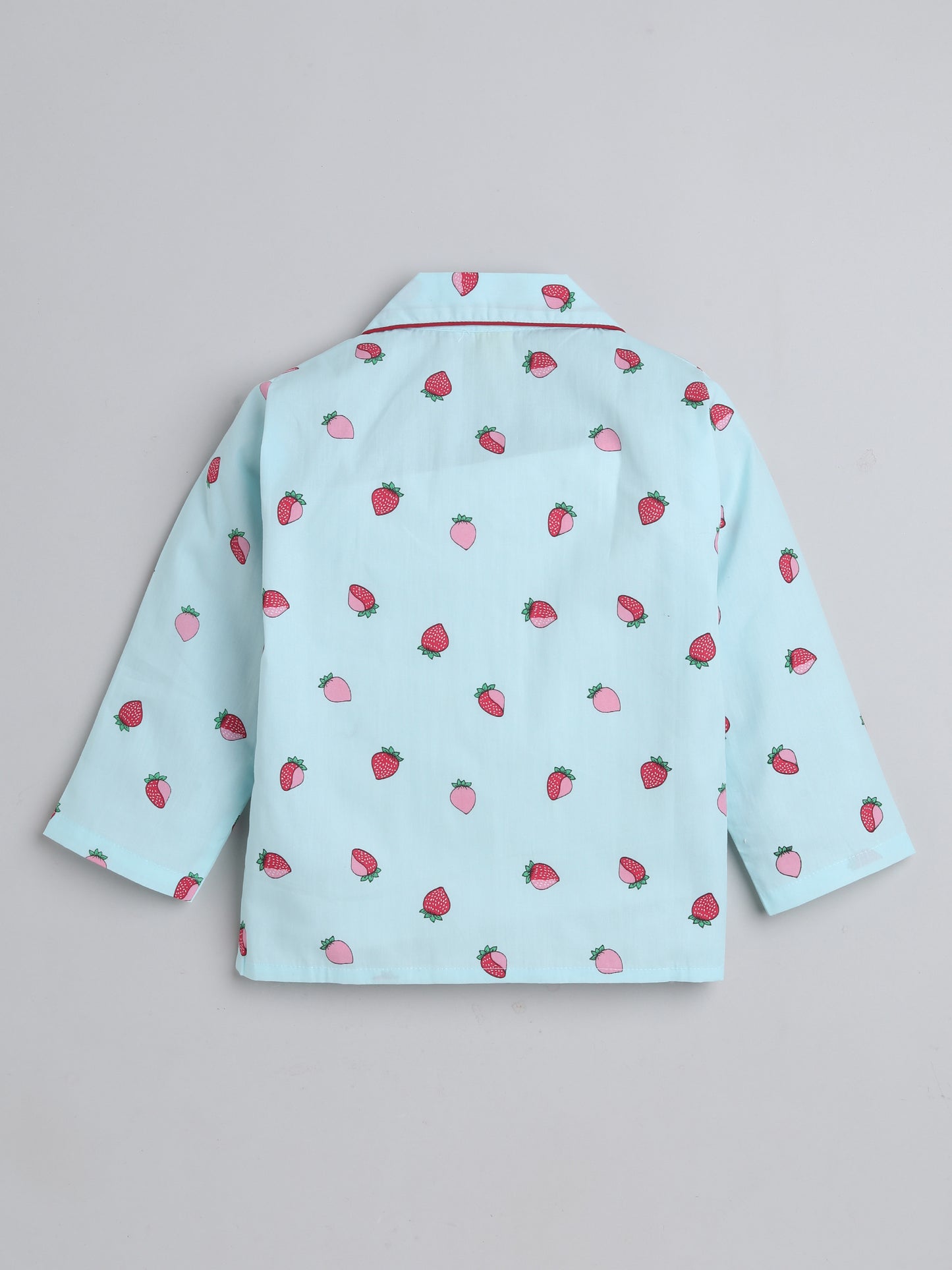 Full Sleeves Strawberry Printed Lounge Wear Night Suit Set For Kids Blue