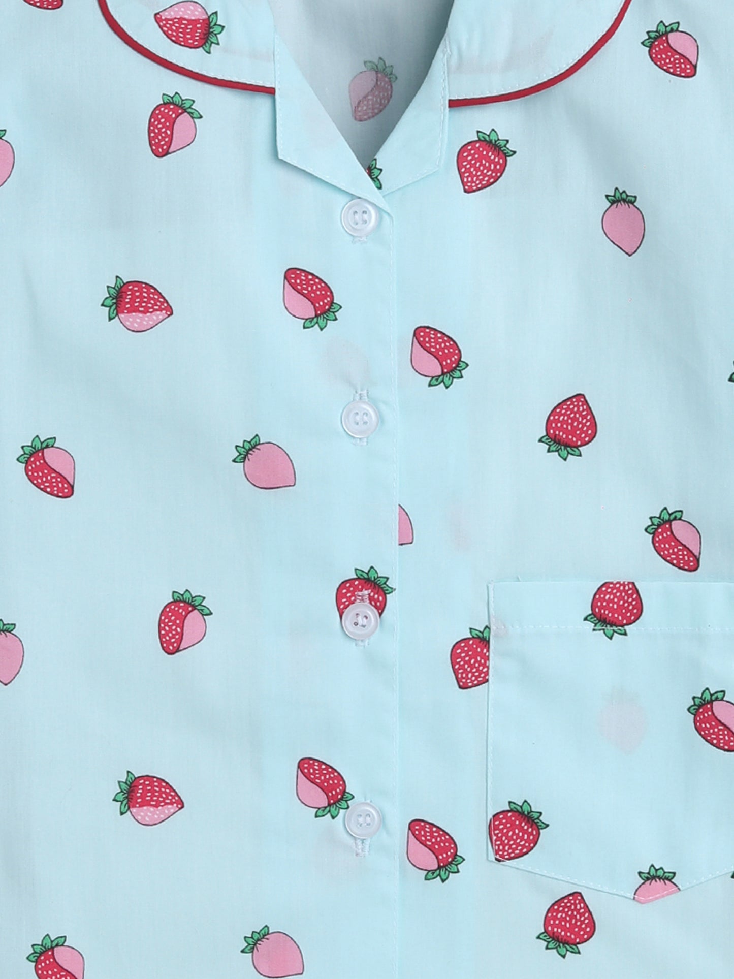 Full Sleeves Strawberry Printed Lounge Wear Night Suit Set For Kids Blue