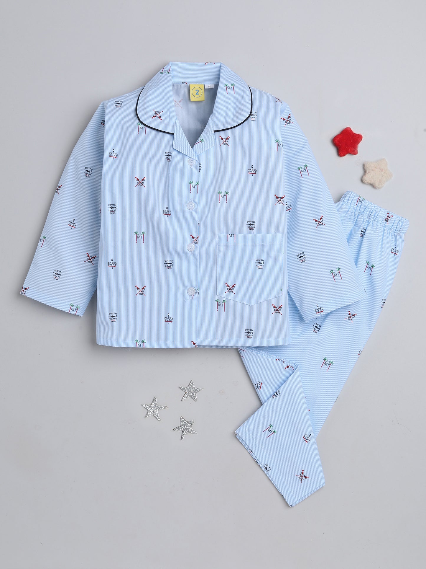 Full Sleeves Stripes Printed Lounge Wear Night Suit Set For Kids Sky Blue