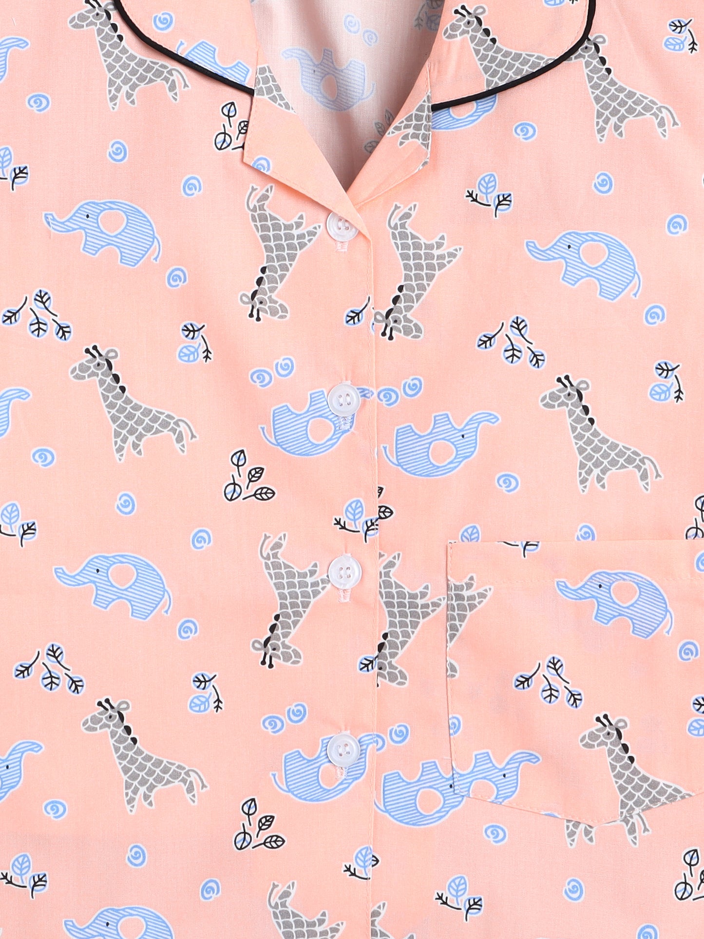 Full Sleeves Cute Animal Printed Lounge Wear Night Suit Set For Kids Peach