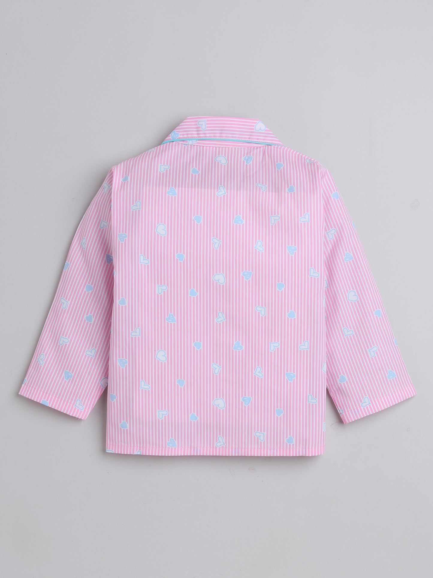 Full Sleeves Cute Heart Printed Lounge Wear Night Suit Set For Kids Pink