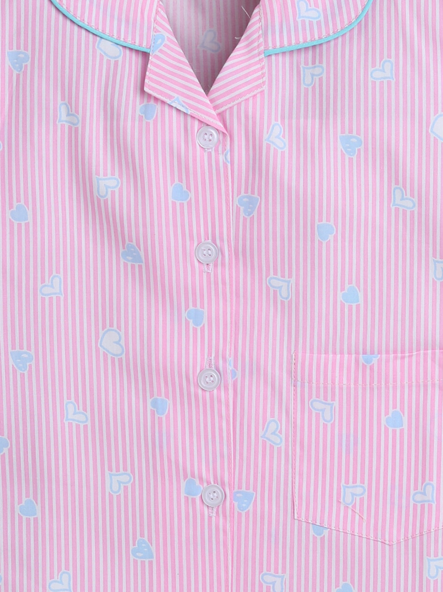 Full Sleeves Cute Heart Printed Lounge Wear Night Suit Set For Kids Pink