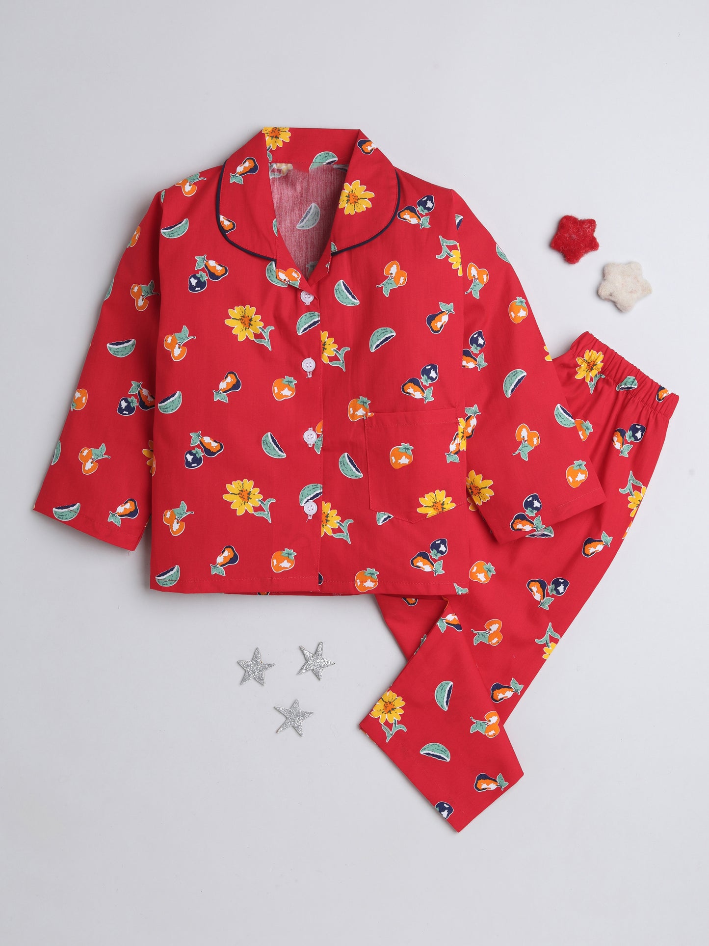 Cute Fruits Printed Full Sleeves Lounge Wear Night Suit Set For Kids
