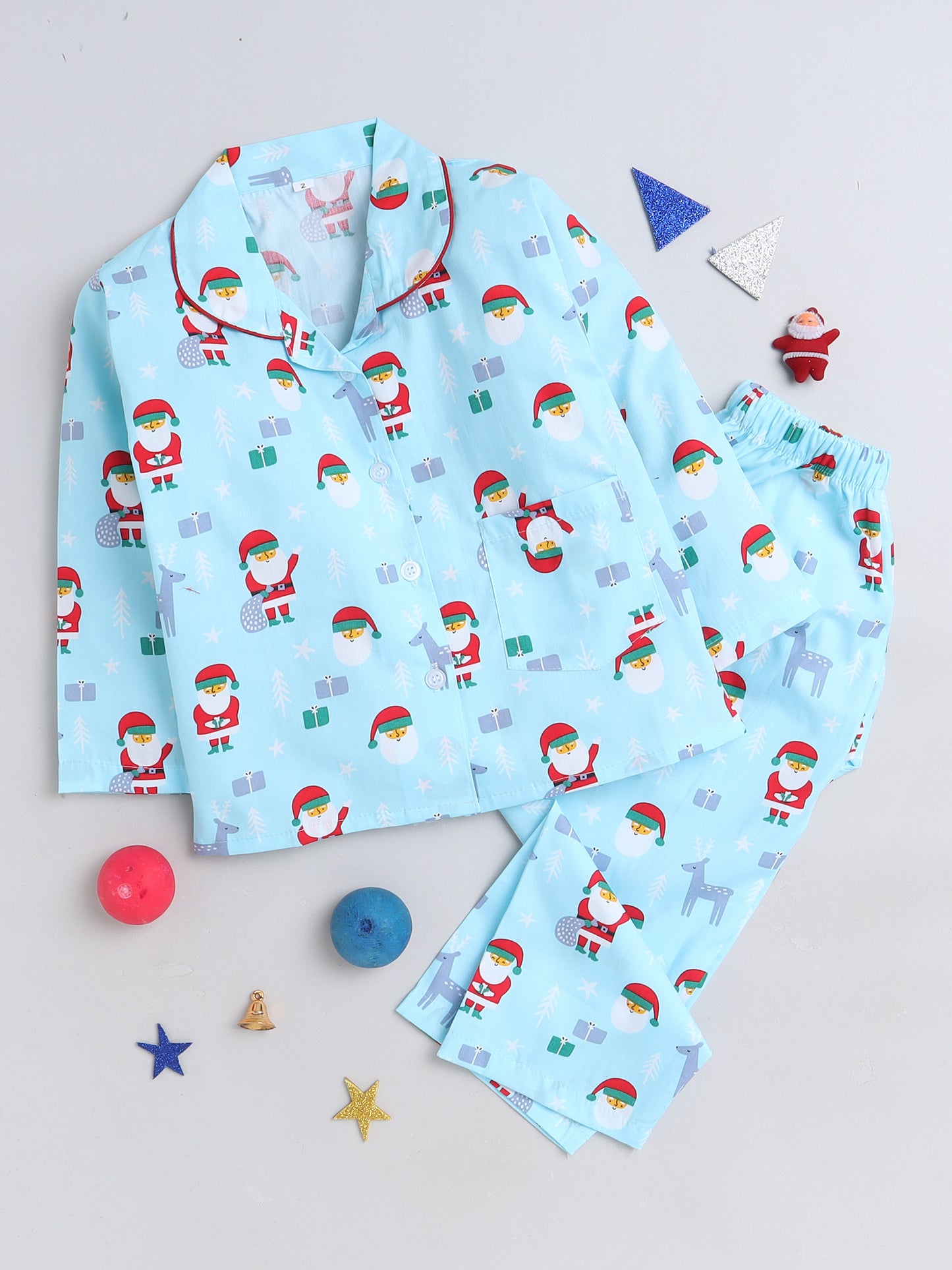 Xmas Santas Printed Full Sleeves Lounge Wear Night Suit Set For Kids Blue
